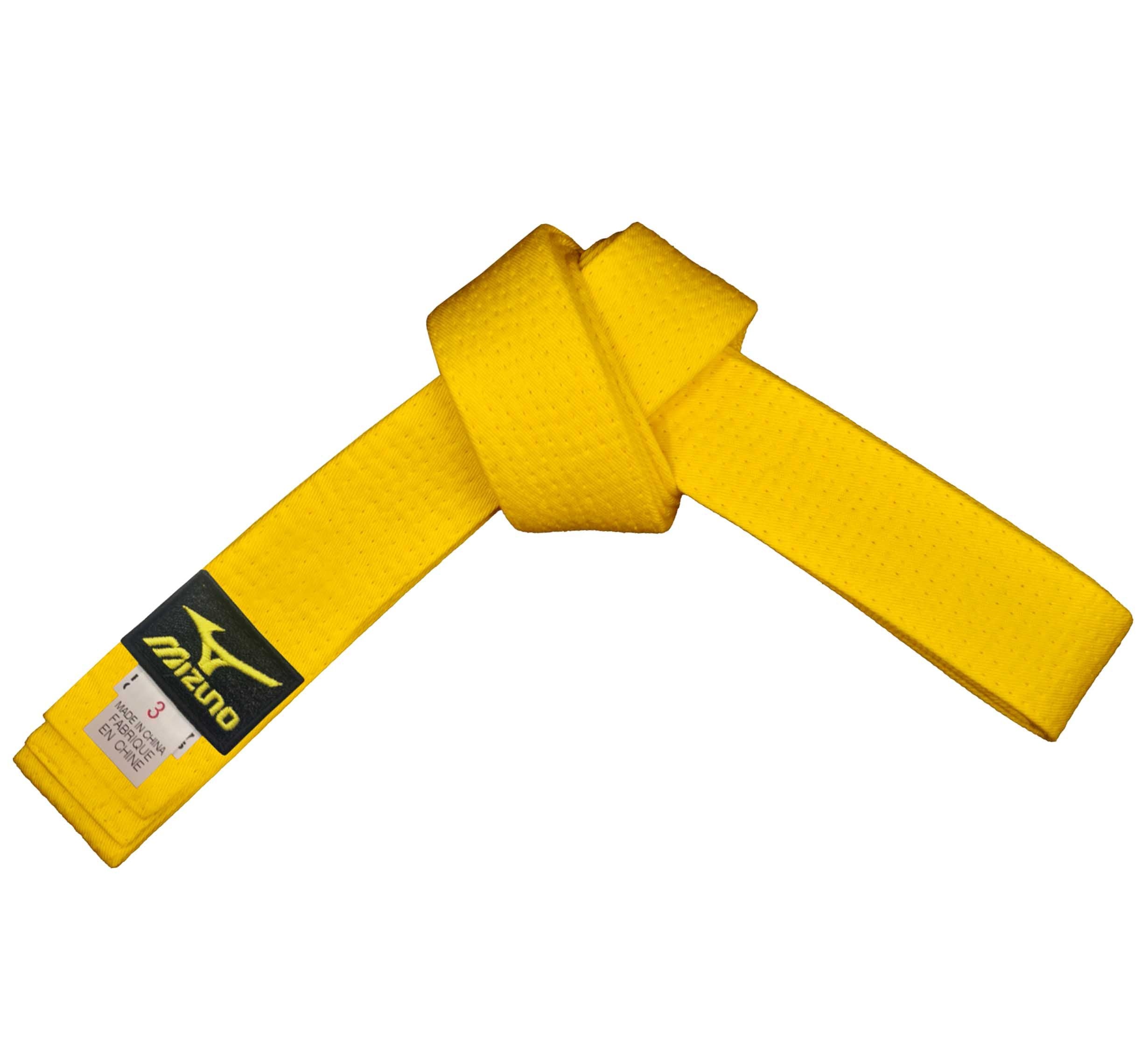 A Mizuno Colored Belt in yellow, tied in a knot with the Mizuno brand label at one end.