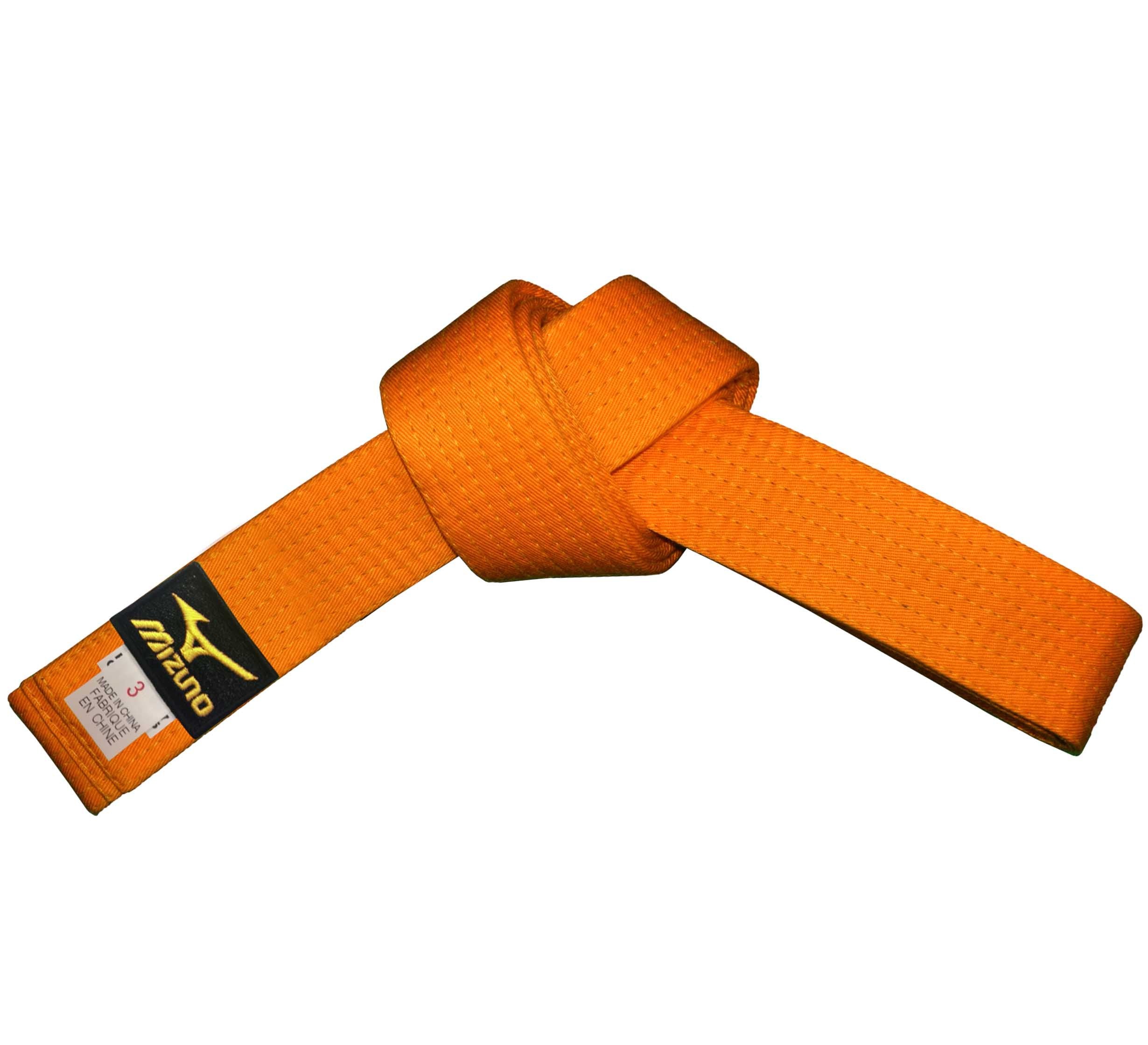 A Mizuno Colored Belt in orange, tied in a knot with a black and yellow Mizuno label on one end, displayed against a white background.