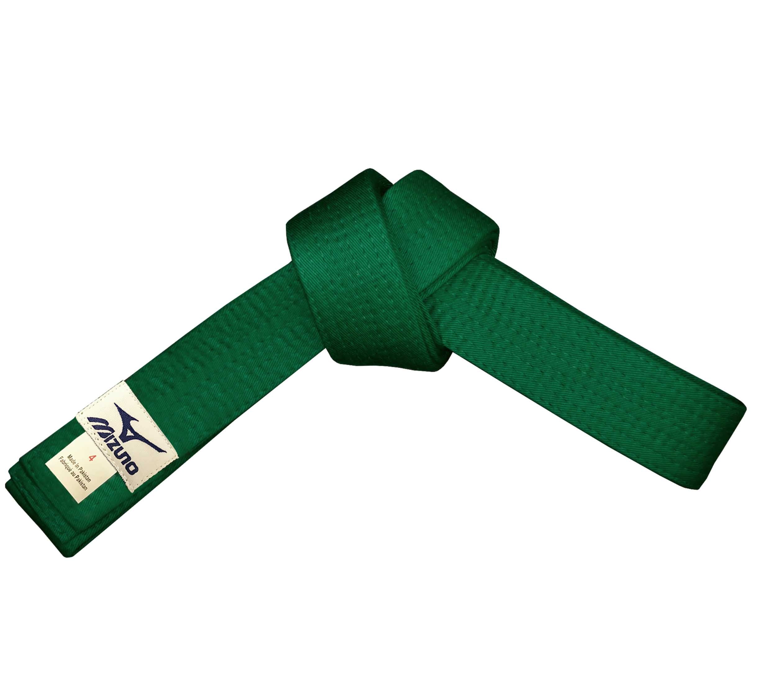 A Mizuno Colored Belt in green, tied in a knot with a white label featuring the Mizuno logo on one end, displayed against a white background.