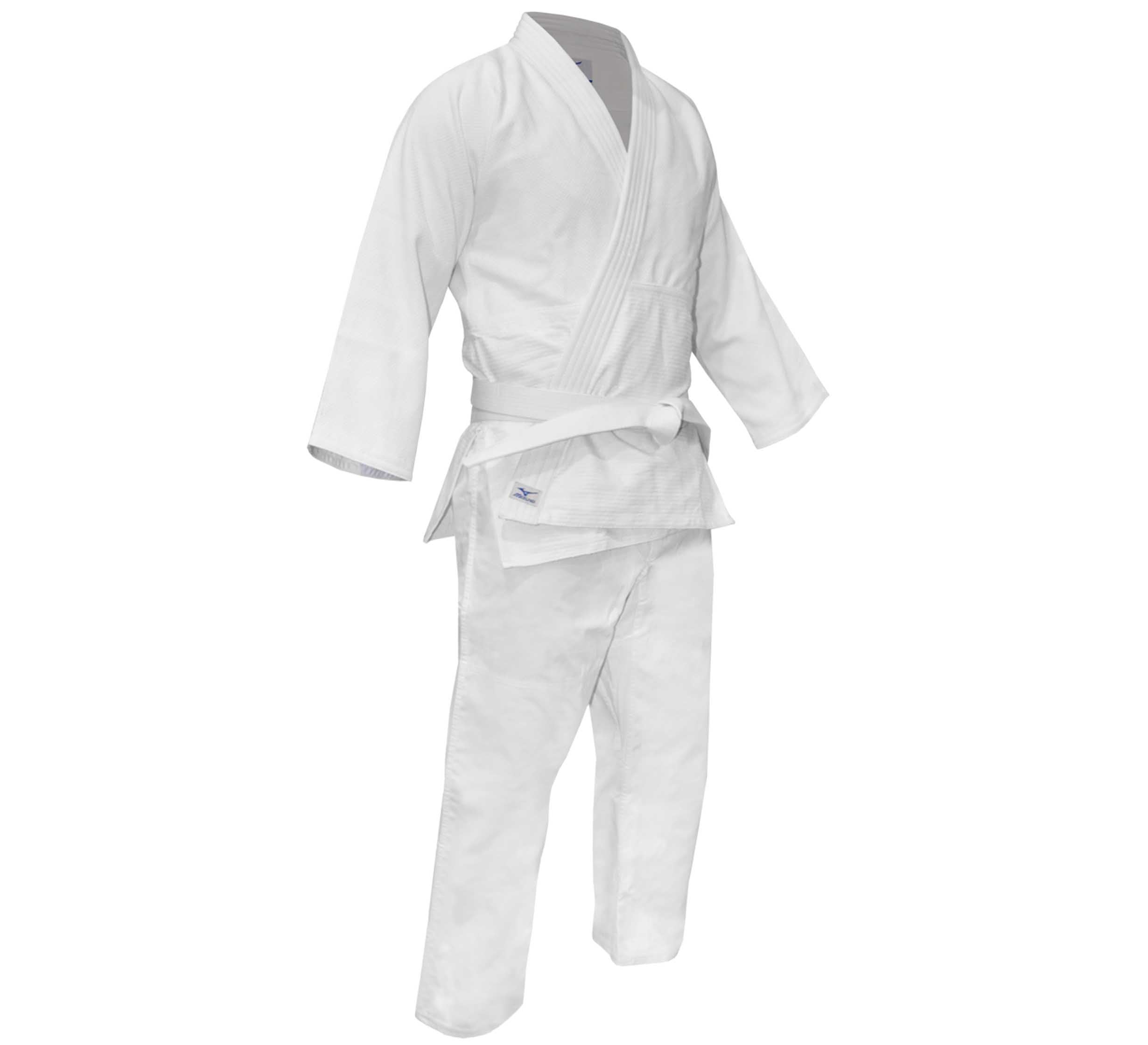 The Mizuno Hayato Judo Gi, shown on a plain background, features a white long-sleeved jacket, matching pants, and comes with a white belt.