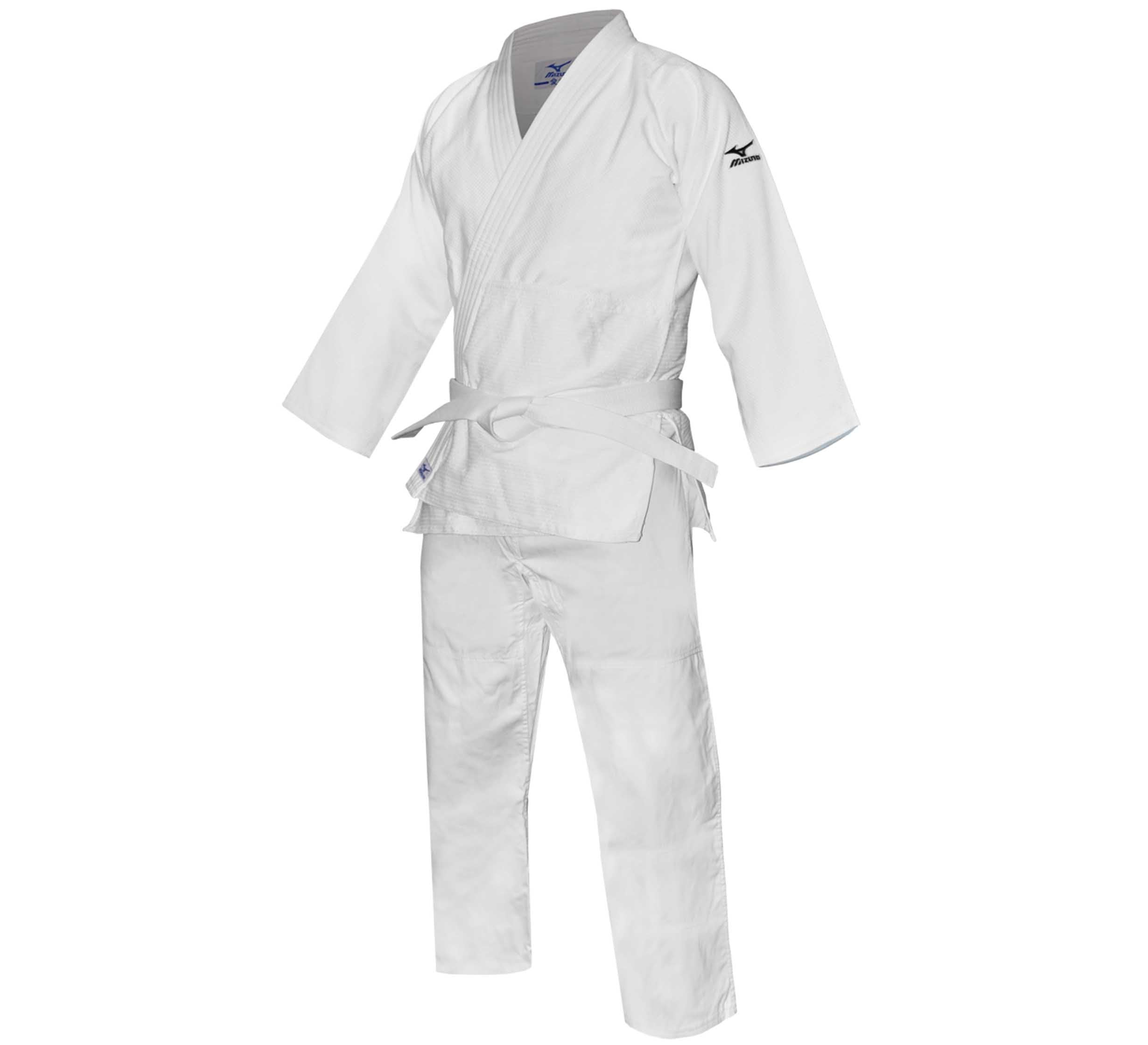 The Mizuno Hayato Judo Gi is a white uniform shown on an invisible mannequin, featuring a jacket, pants, and a white belt tied at the waist.