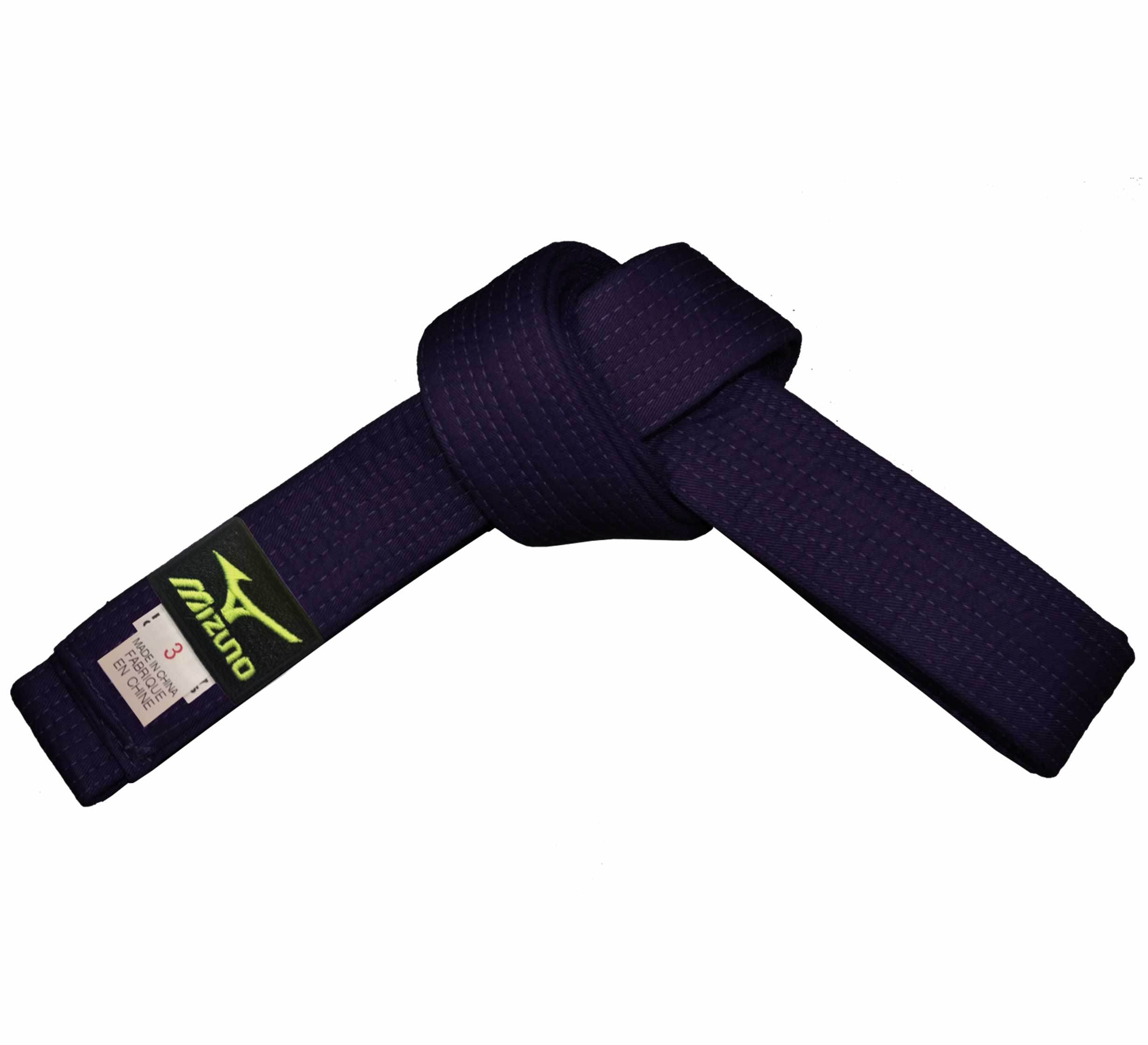 A Mizuno Colored Belt in dark purple, featuring a visible Mizuno logo label and tied in a simple knot against a white background.