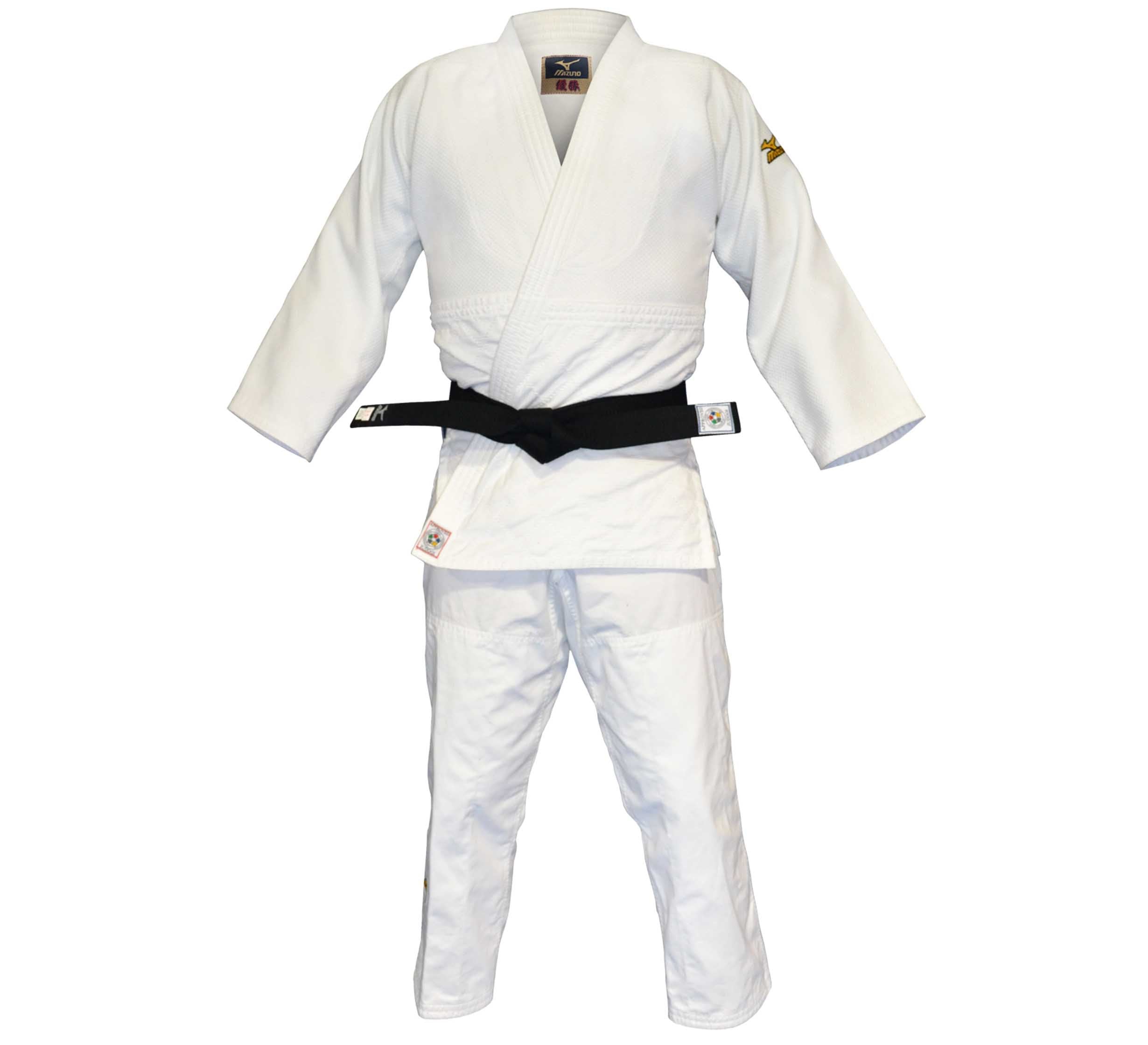 The Mizuno Yusho Comp Judo Gi White, paired with a black belt, is displayed on an invisible mannequin against a plain white background.