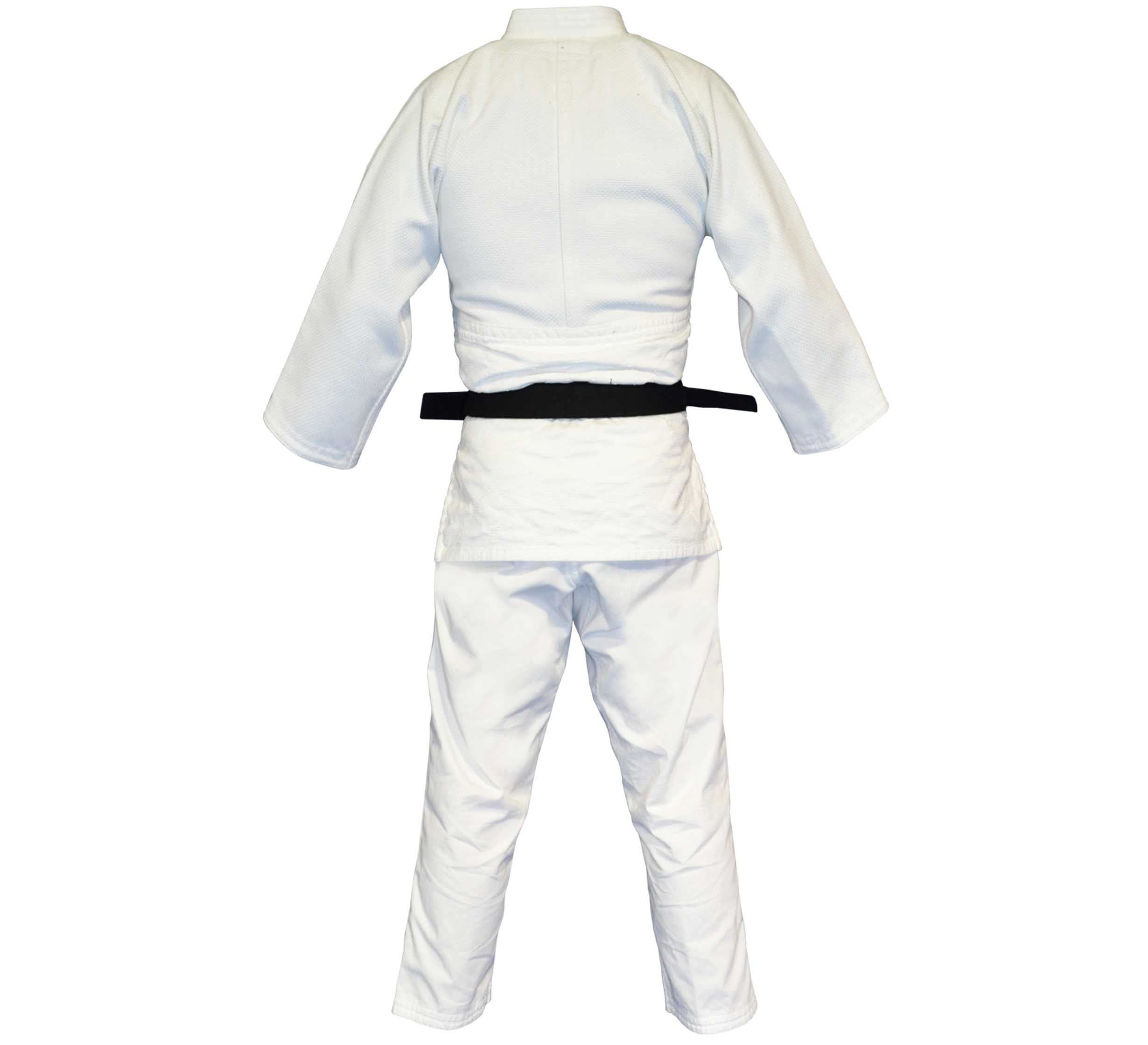 The Mizuno Yusho Comp Judo Gi White with a black belt is displayed from the back on an invisible mannequin against a plain white background.