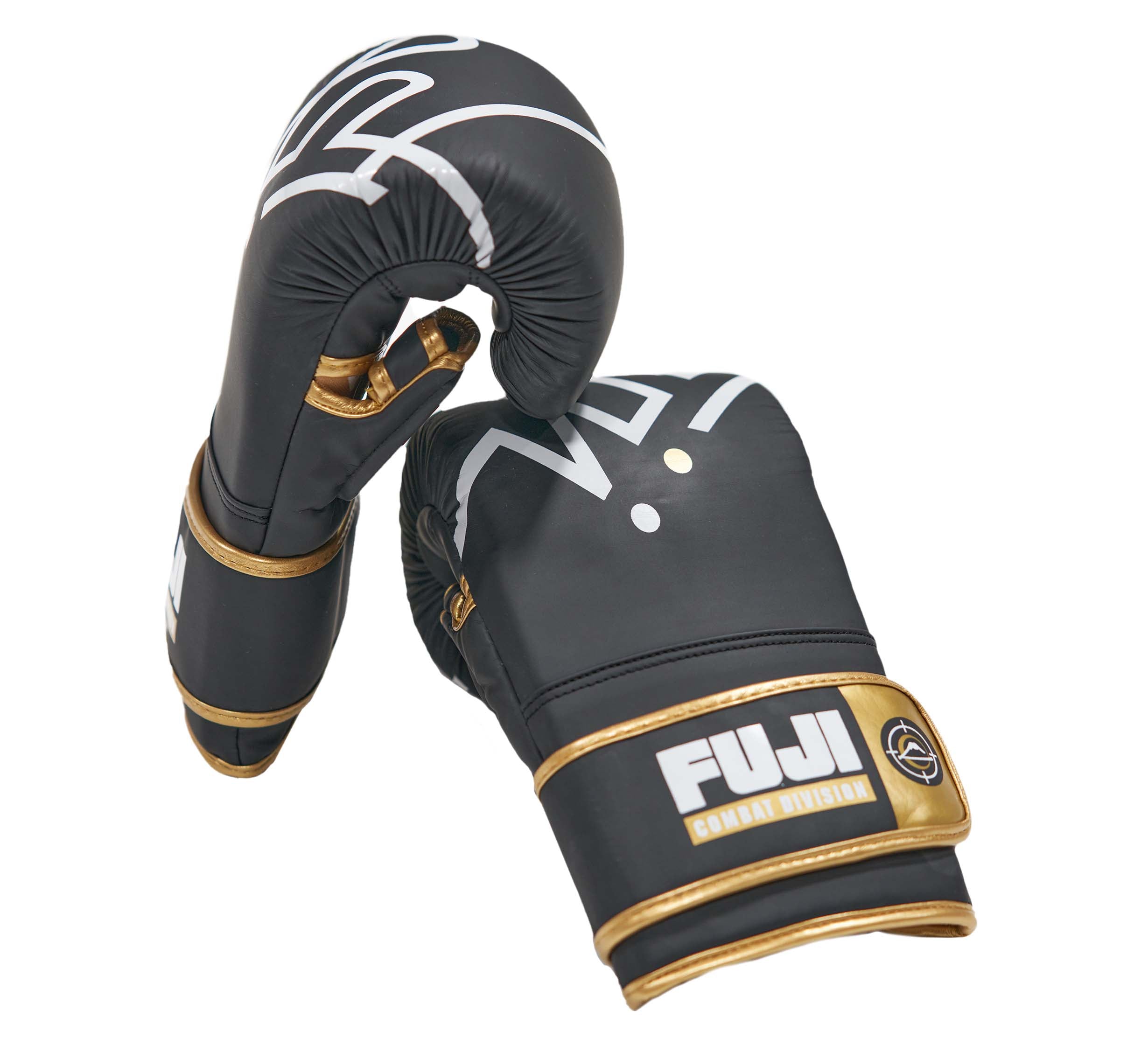 A pair of FUJI Ultimate Hybrid Gloves in black with gold and white accents, sporting the FUJI Combat Division logo on the wrist strap. One glove stands upright while the other is laid flat.
