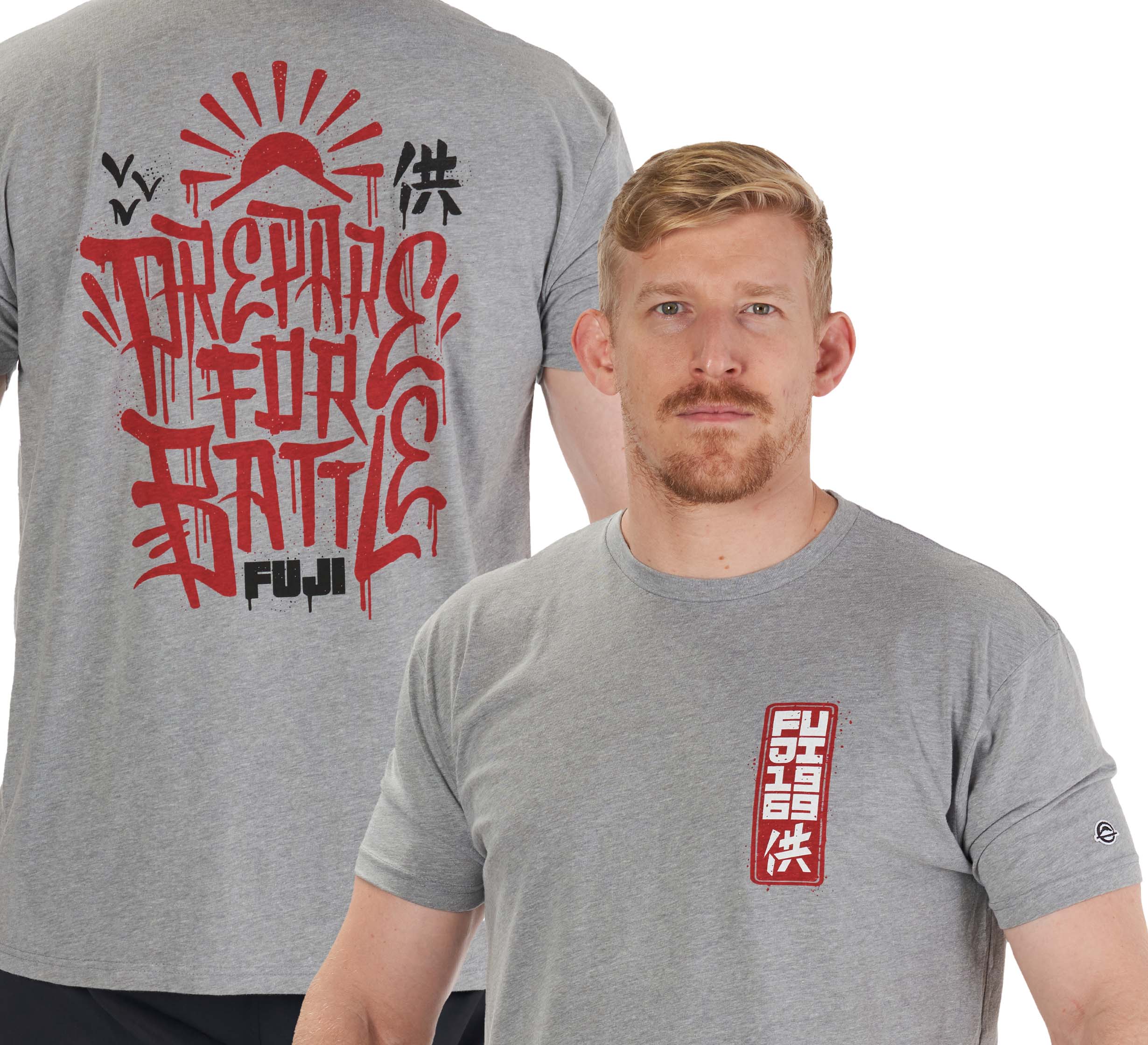 A man with short blond hair and a mustache wears the Prepare For Battle T-Shirt Heather Grey, featuring "Fuji 1969" in red on the front and a large red sun, birds, and "Prepare for Battle" graphic on the back.