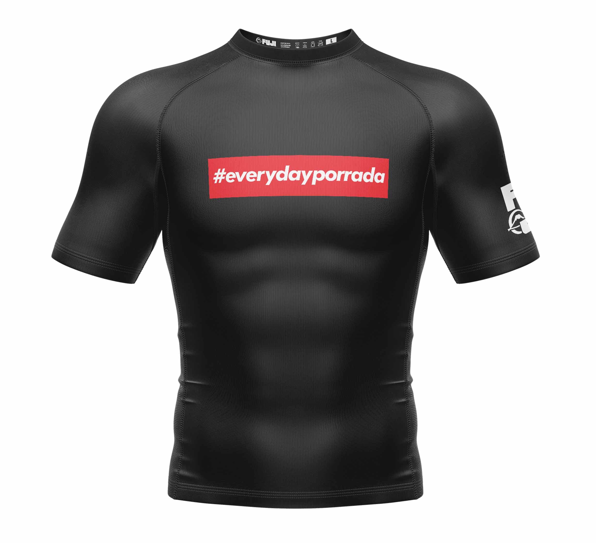 The Everyday Porrada Short Sleeve Rashguard is a black athletic shirt with a red chest box featuring #everydayporrada in white text and a white fist logo on the left sleeve, shown against a plain white background.