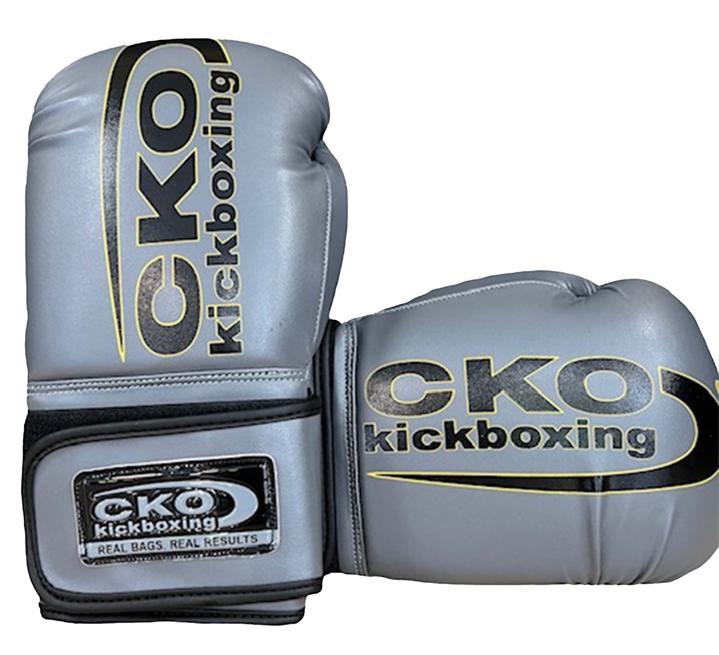 A pair of CKO Baseline Gloves Grey, featuring "CKO kickboxing" printed in black and yellow on the front and wrist straps, displayed against a white background.