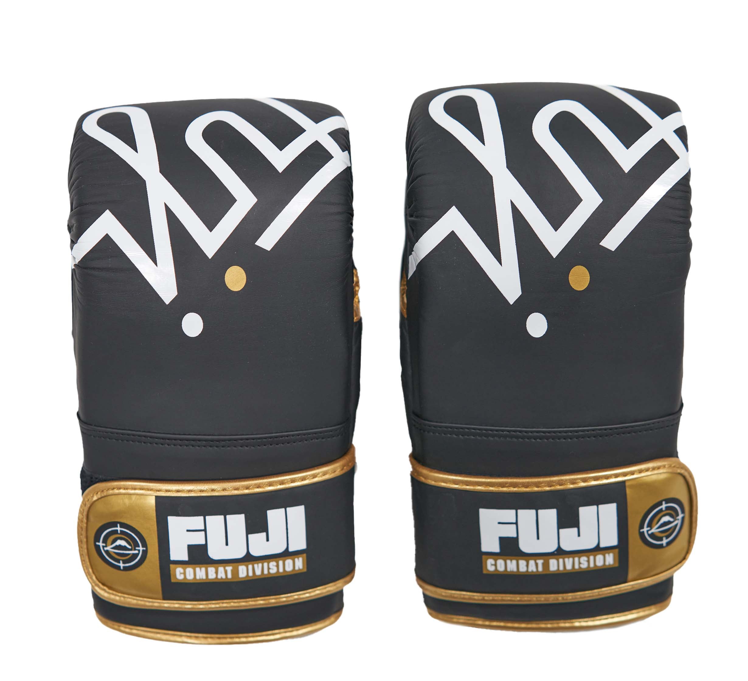 A pair of black FUJI Ultimate Hybrid Gloves with gold and white accents, placed upright side by side, displaying the front design and brand logo on the wrist strap.