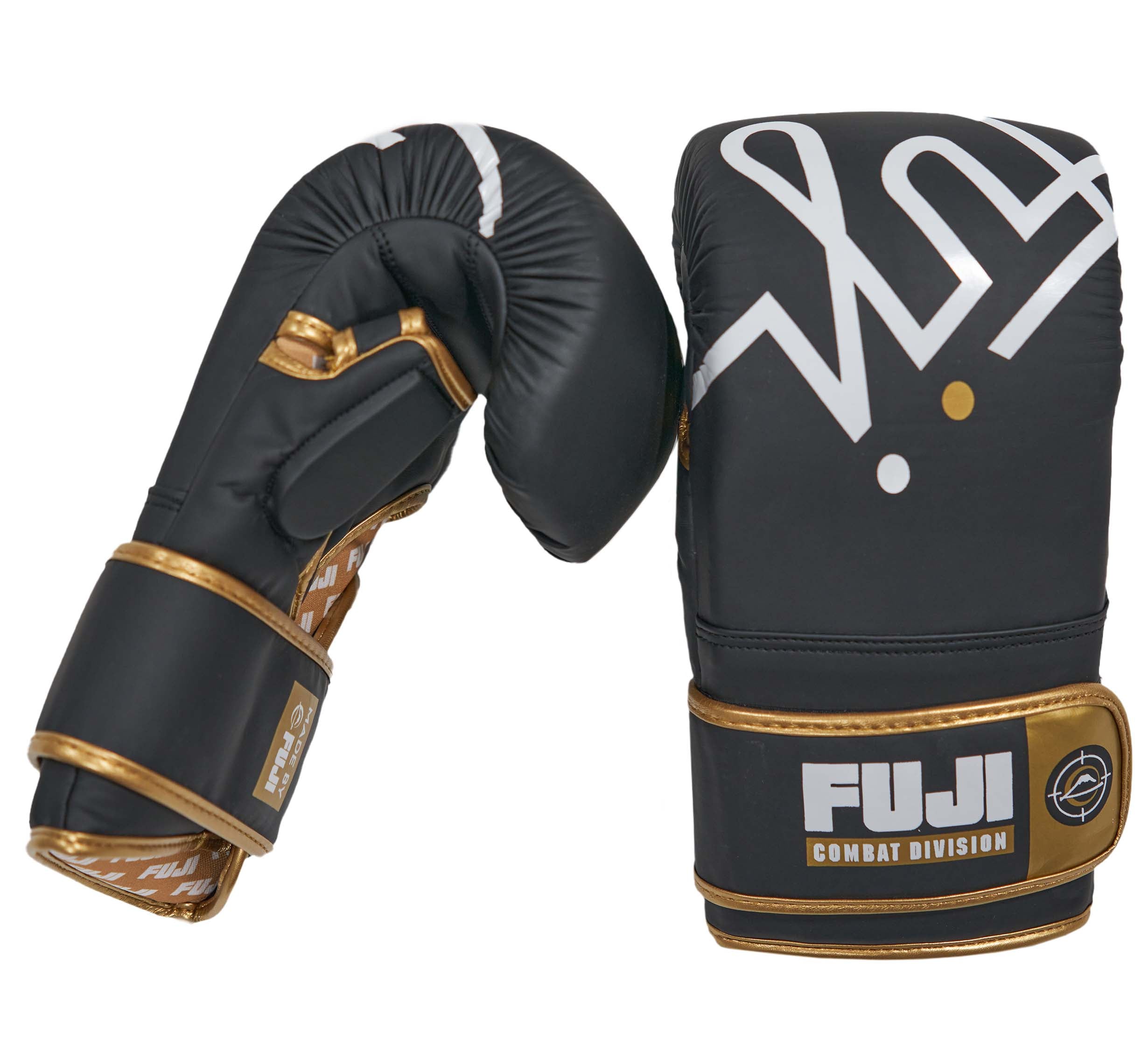 A pair of black FUJI Ultimate Hybrid Gloves with gold trim and white accents are shown, featuring the FUJI COMBAT DIVISION logo on the wrist straps. One glove stands upright while the other is tilted to display its side.