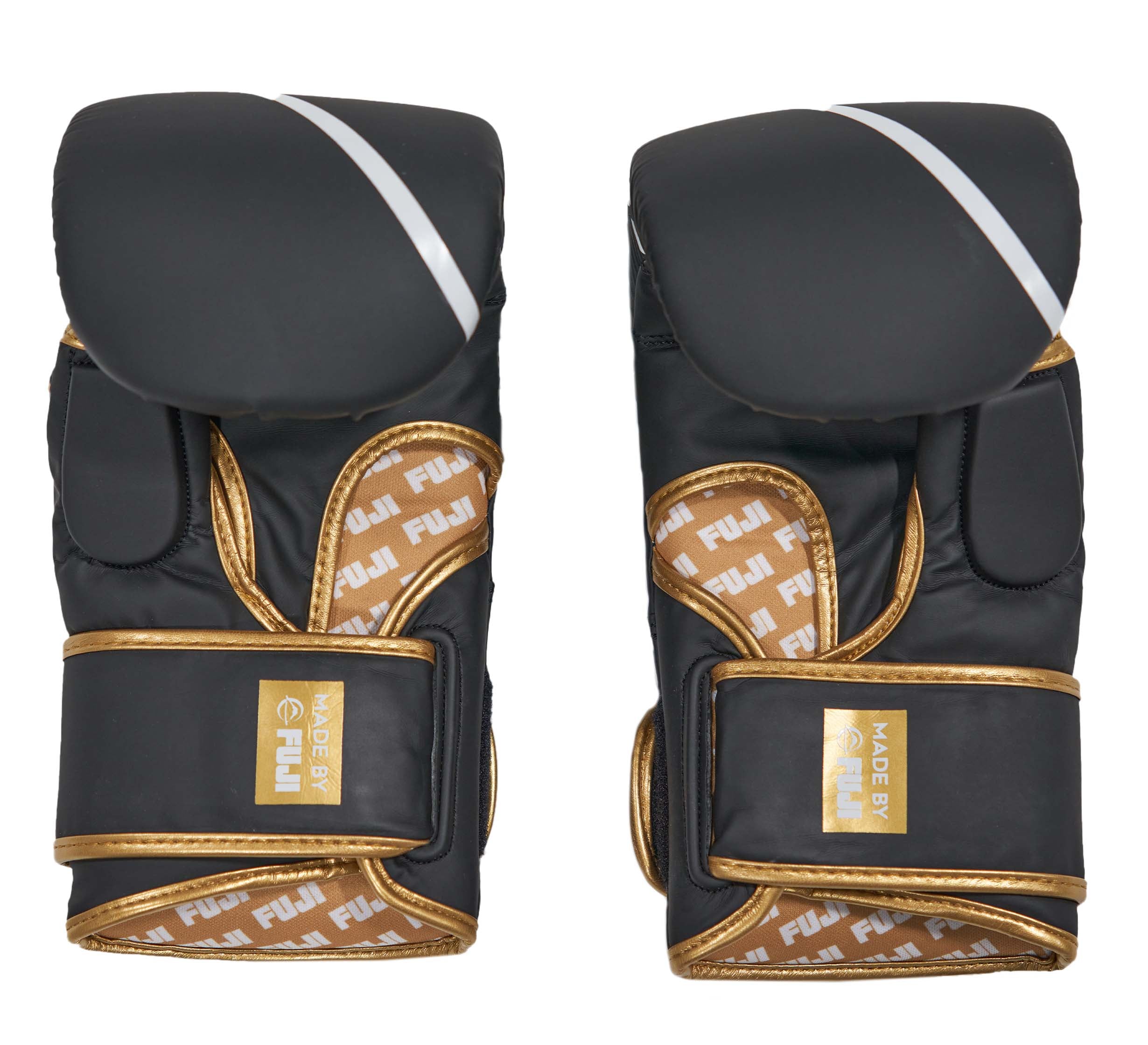 A pair of FUJI Ultimate Hybrid Gloves in black and gold, featuring FUJI branding, are shown from the front with glove openings and wrist straps facing forward.