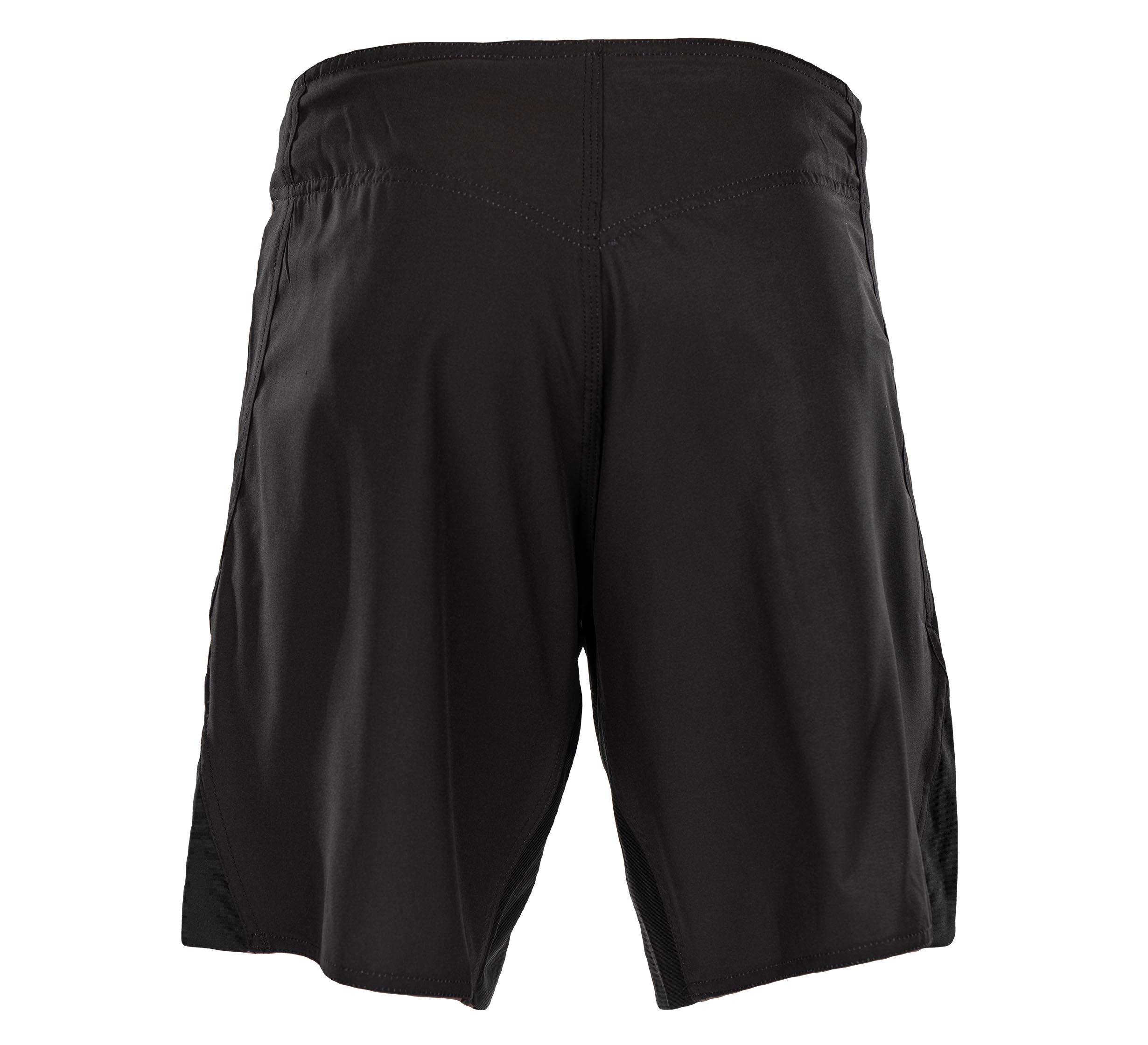 The BTT Adult Fight Shorts Black are shown from the back, featuring an elastic waistband and simple stitching, made from lightweight fabric.