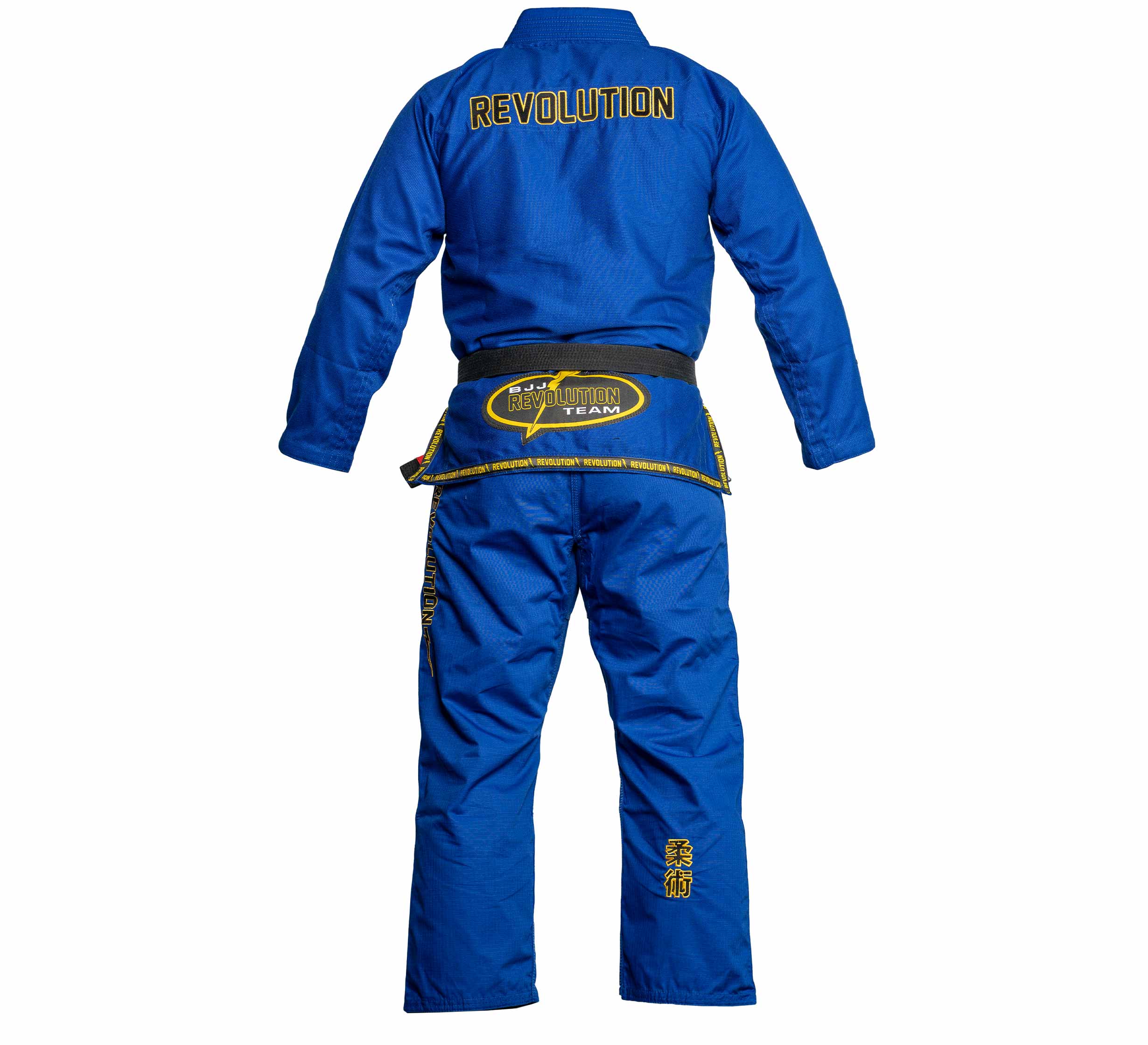 The BJJ Revolution Super Lite Kids Gi in blue is shown from the back, featuring 'REVOLUTION' on the upper back and a black belt with yellow details tied around the waist.