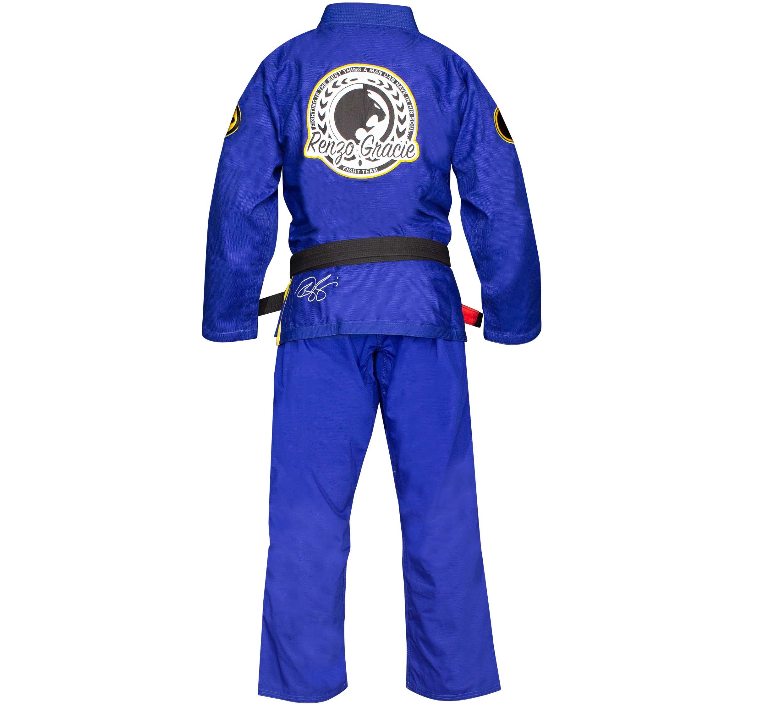 The Renzo Gracie Superlite Gi is shown from the back in blue with a black belt, featuring the Renzo Gracie logo, a white laurel wreath on the jacket, and yellow sleeve patches.