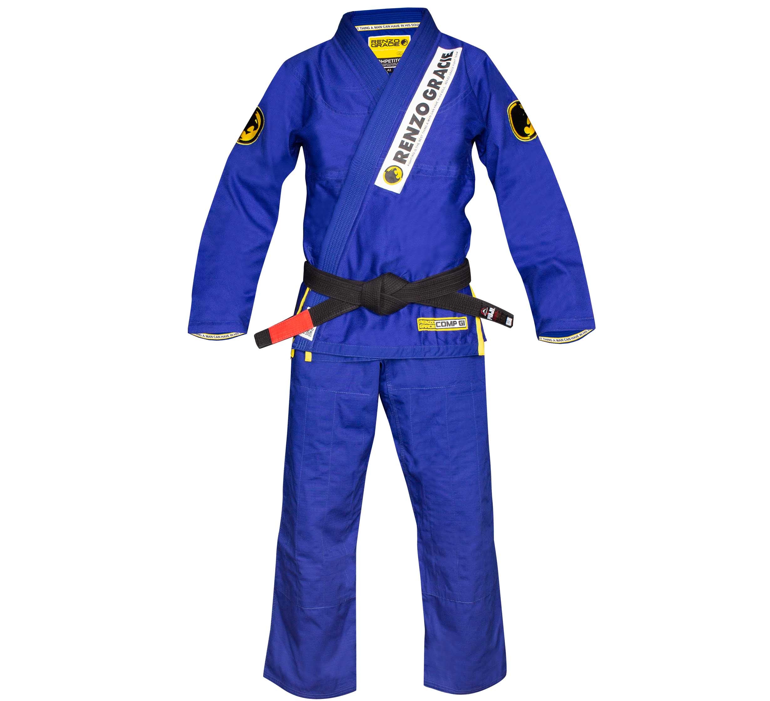 The Renzo Gracie Superlite Gi in blue, with a black belt and Renzo Gracie patches on the lapel and shoulders, is displayed on a white background.