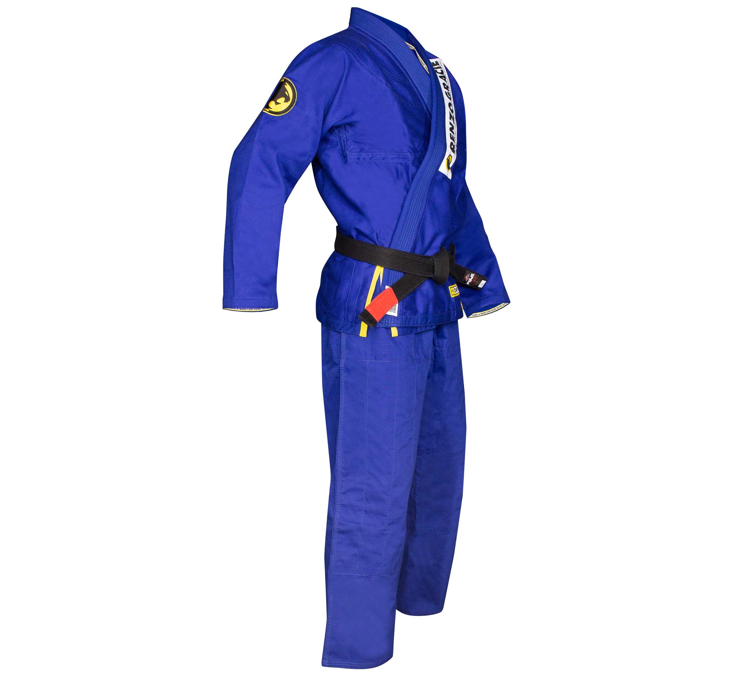 The Renzo Gracie Superlite Gi is a blue Brazilian Jiu-Jitsu uniform with a black belt and patches on the shoulder and pant leg, shown against a white background.