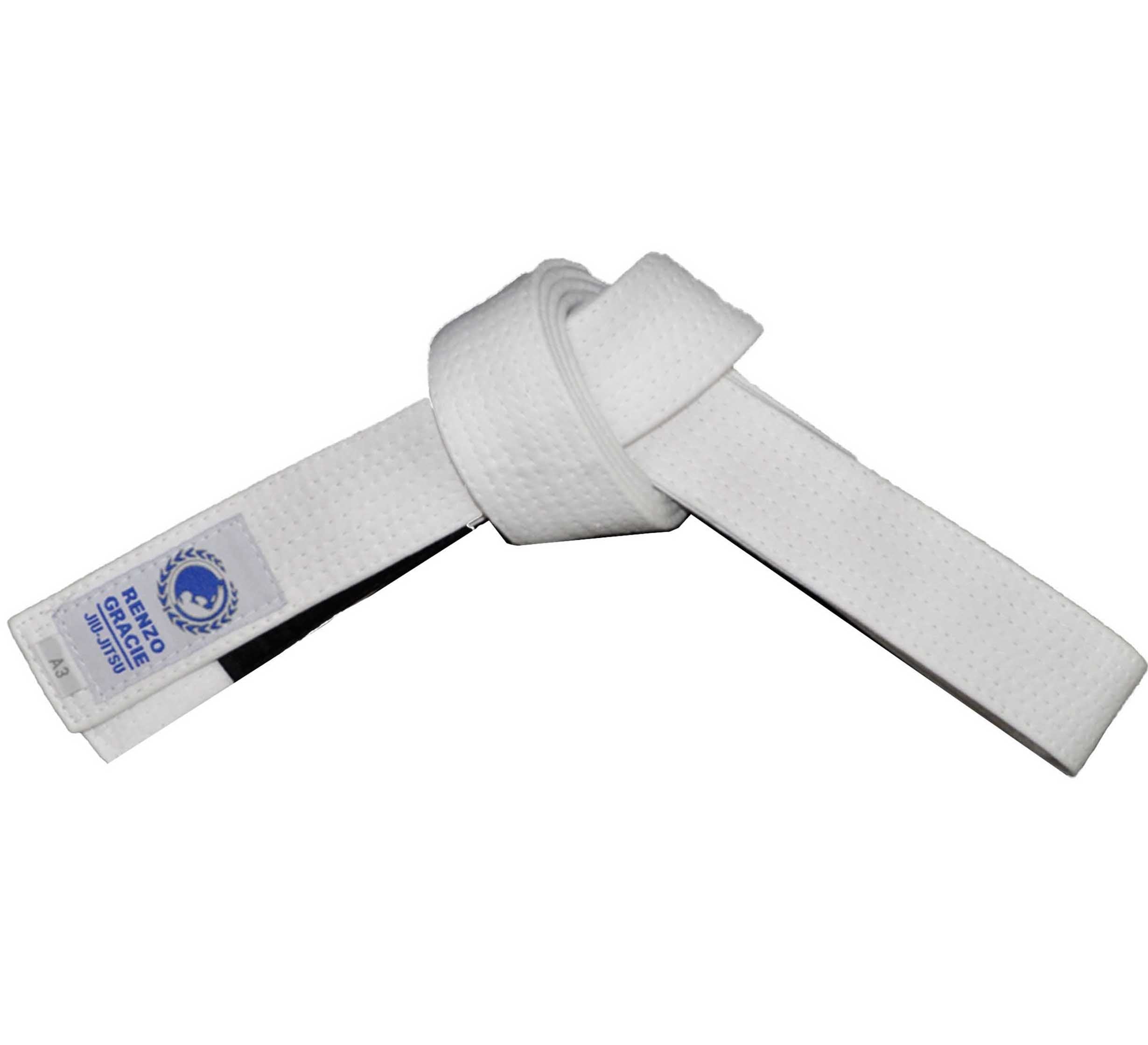 The Renzo Gracie White Kids Belt features a textured surface, is neatly tied in a knot, and showcases a label with blue and black text plus a circular logo.