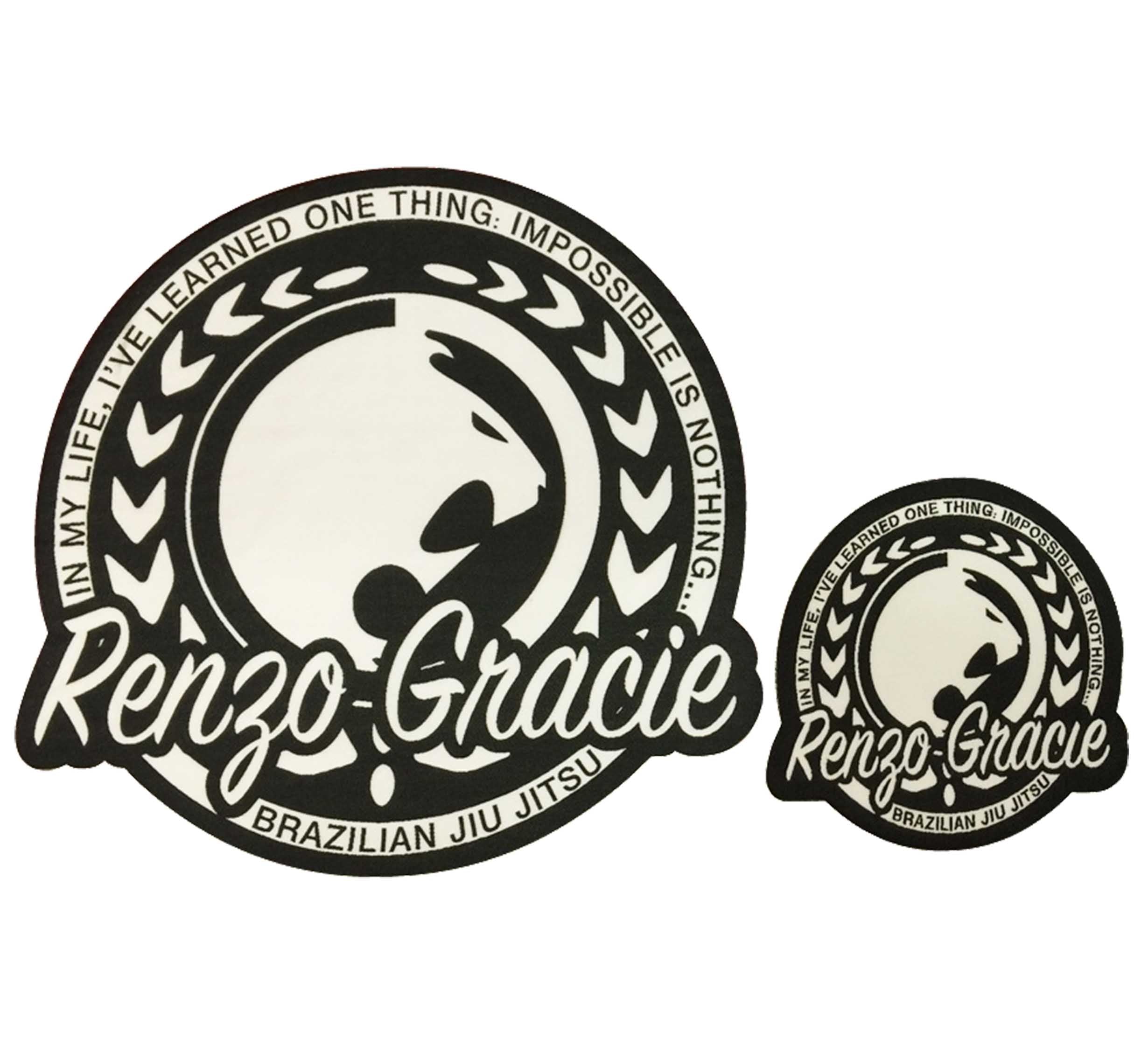 The Renzo Gracie Round Patches feature two black and white circular logos with laurel wreaths, a stylized lion head, and the words "Renzo Gracie Brazilian Jiu Jitsu" plus the quote "In my life, I’ve learned one thing: impossible is nothing.