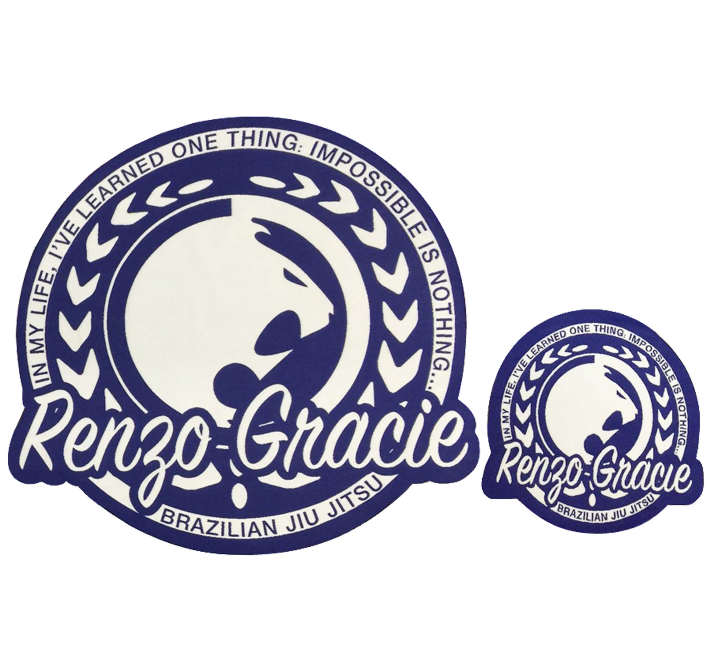 Renzo Gracie Round Patches: Set of two circular patches with a stylized lion logo, laurel wreath, and the phrase “In My Life, I’ve Learned One Thing: Impossible Is Nothing” along the border.