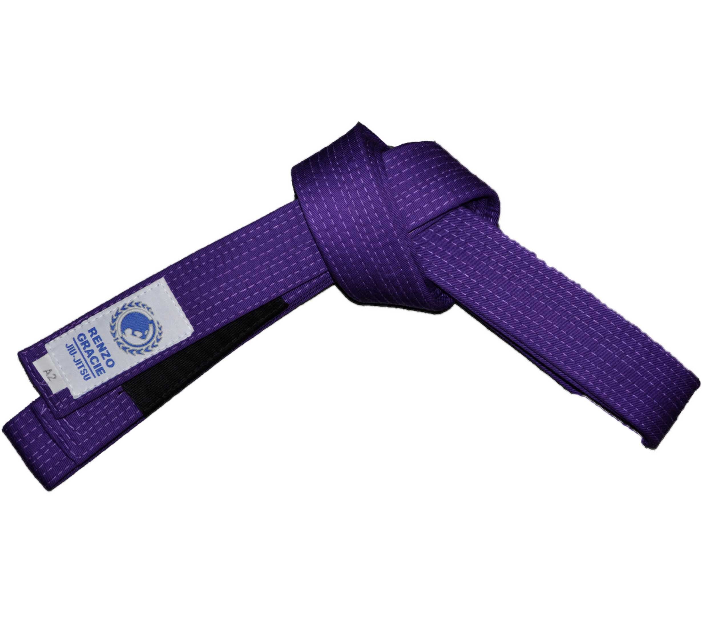 The Renzo Gracie BJJ Belt Purple, featuring a white brand label and a black rank bar, is neatly tied in a simple knot against a white background.