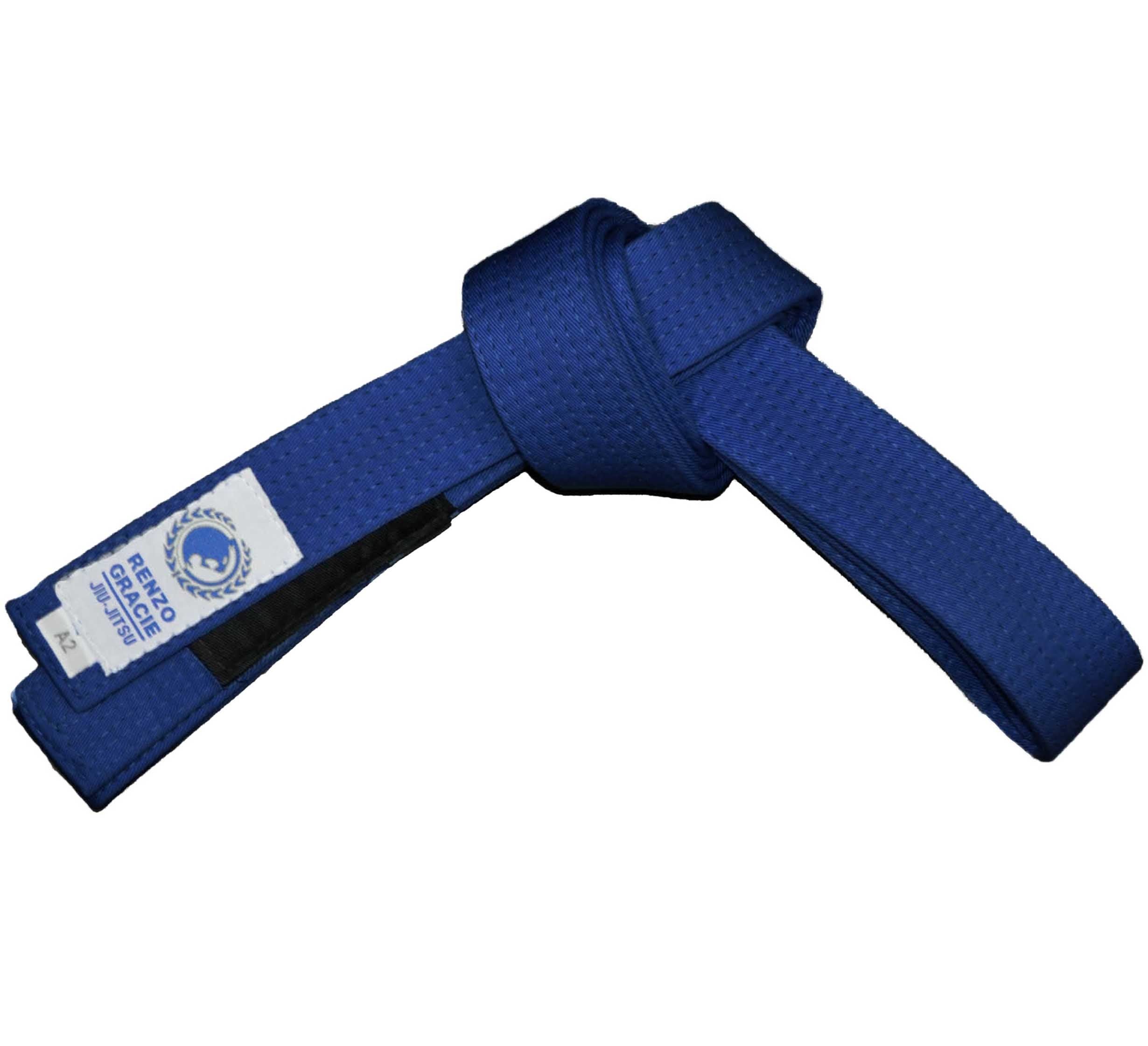 The Renzo Gracie BJJ Belt Blue features a textured pattern and is neatly folded, showcasing a white label with text and logo on one end, all set against a white background.
