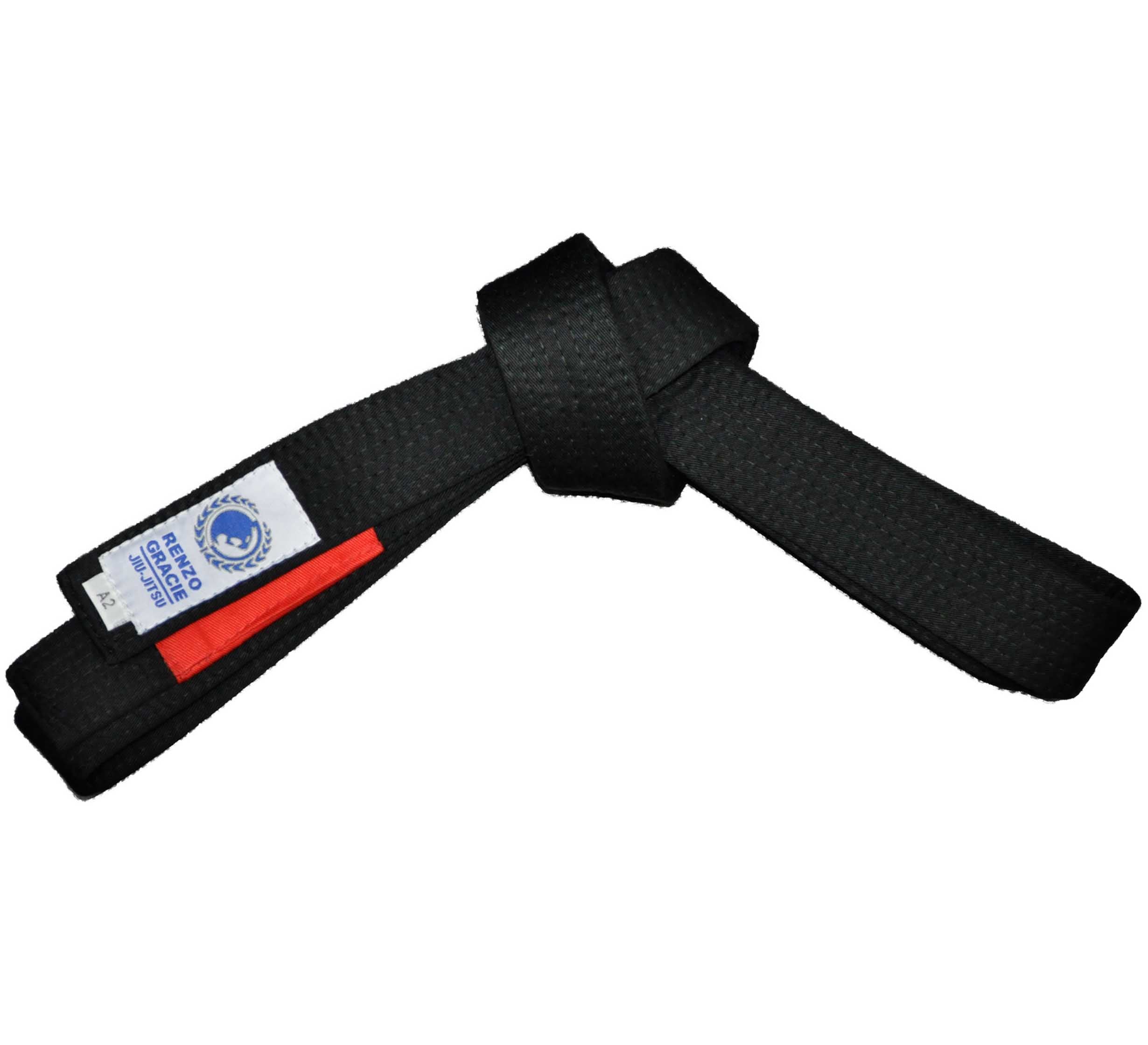 The Renzo Gracie BJJ Belt Black features a neatly tied design, a white label, and a small red stripe on one end, isolated on a white background.