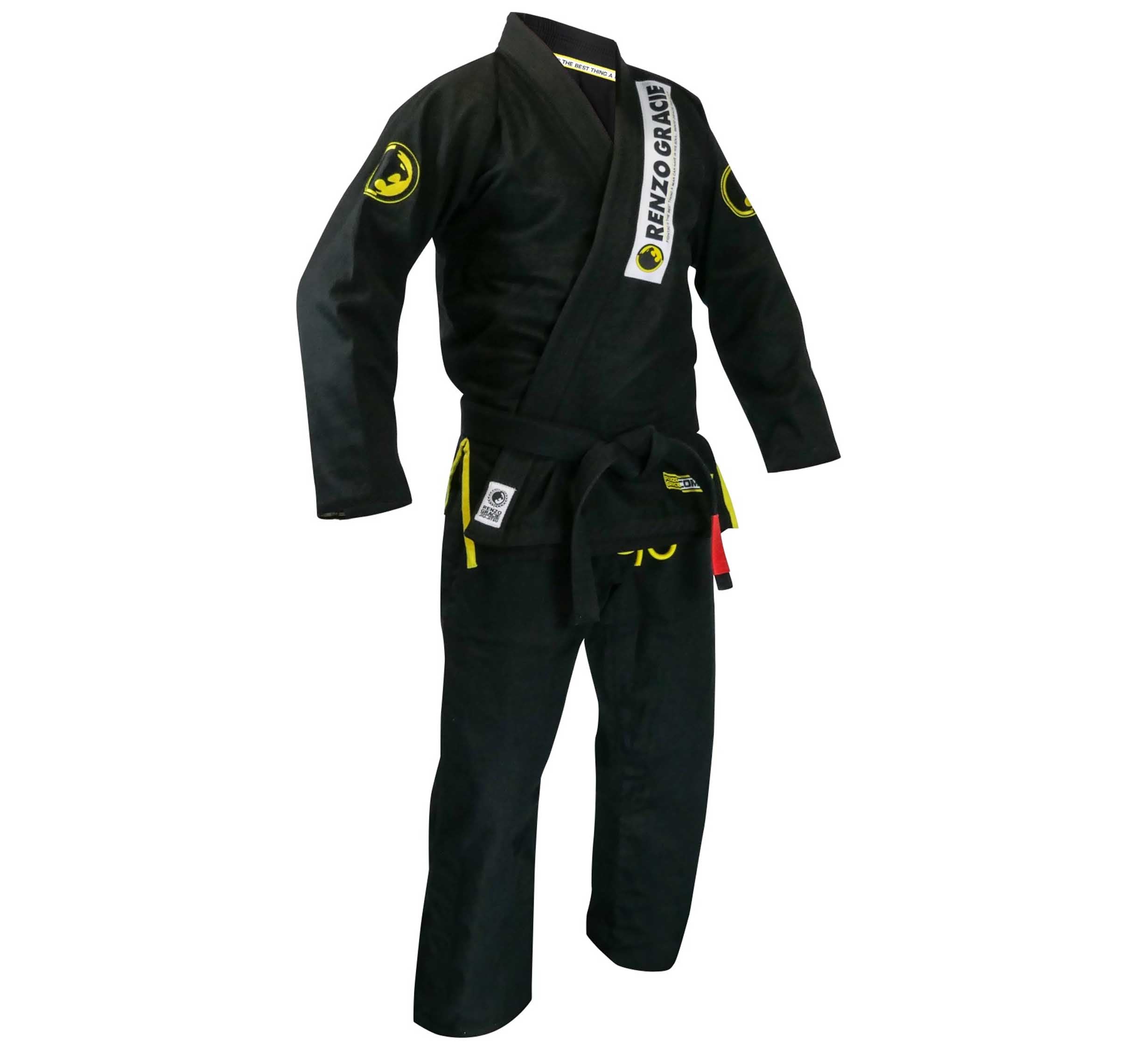 The Renzo Gracie Superlite Gi is a black Brazilian Jiu-Jitsu gi with yellow accents, sleeve patches, and a Renzo Gracie logo on the lapel, shown on a mannequin without visible head or hands.