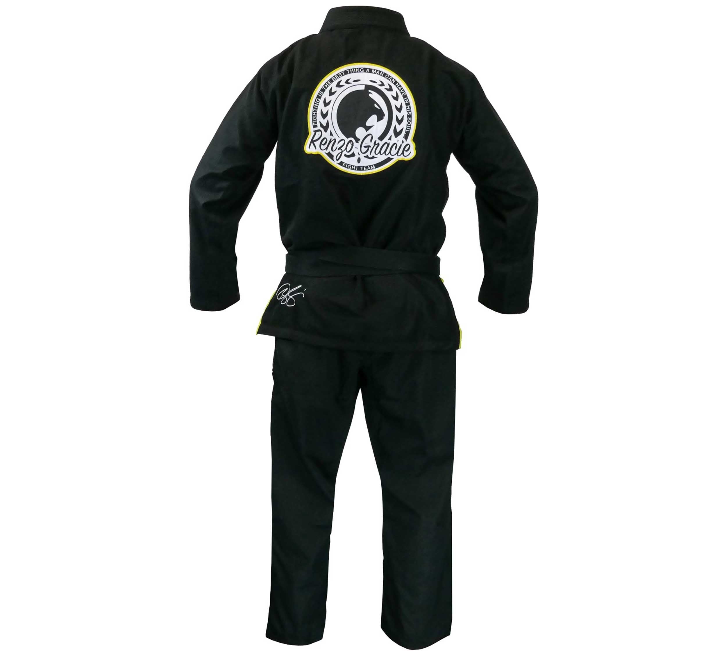 The Renzo Gracie Superlite Gi is a black Brazilian Jiu-Jitsu gi with yellow accents, a Renzo Gracie logo on the back, and comes with a black belt, shown on a mannequin or displayed flat.