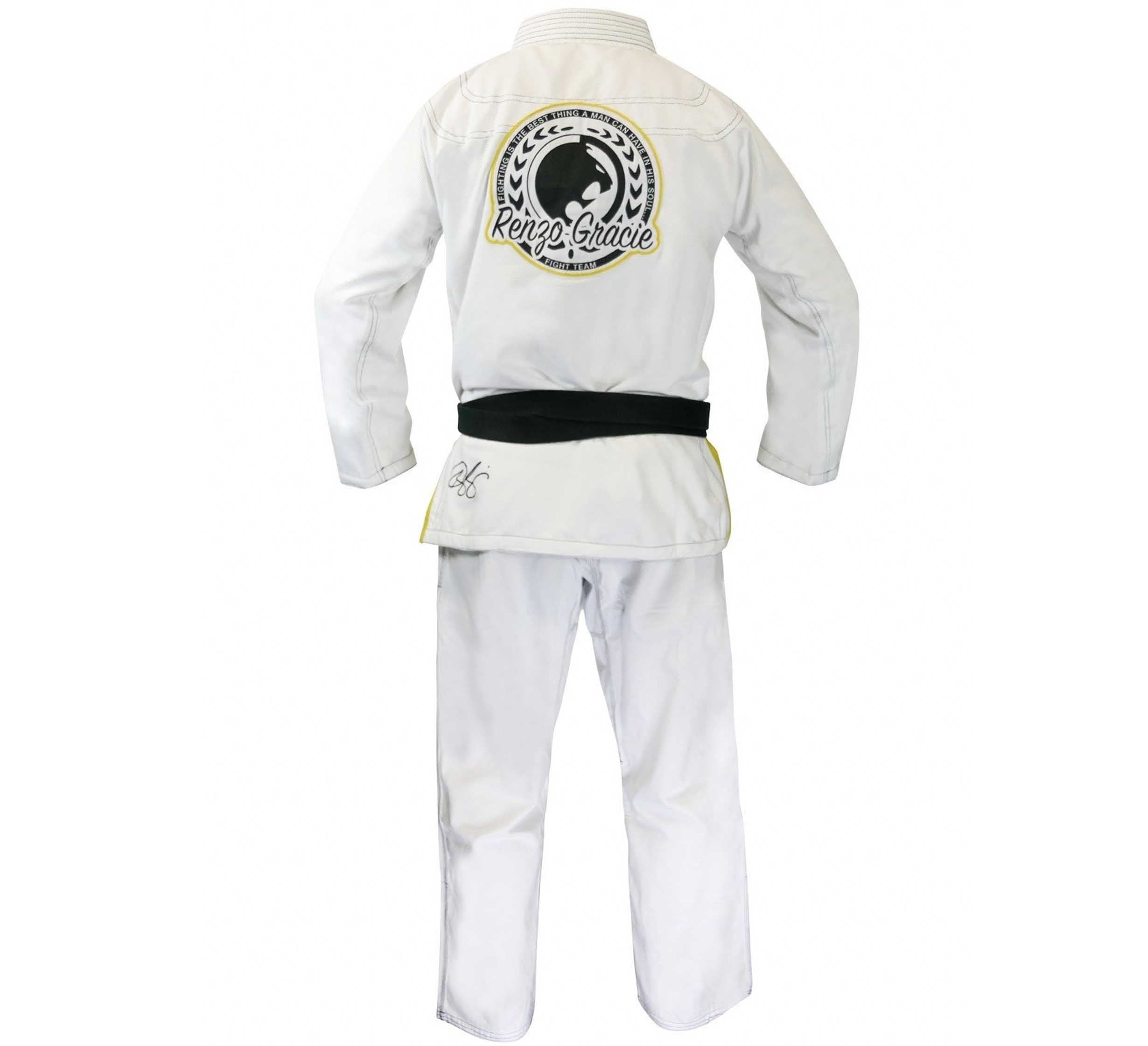 The Renzo Gracie Superlite Gi is a white Brazilian Jiu-Jitsu gi with a black belt, featuring a large black and yellow Renzo Gracie logo on the upper back and a smaller signature graphic on the left hip, shown from the back.