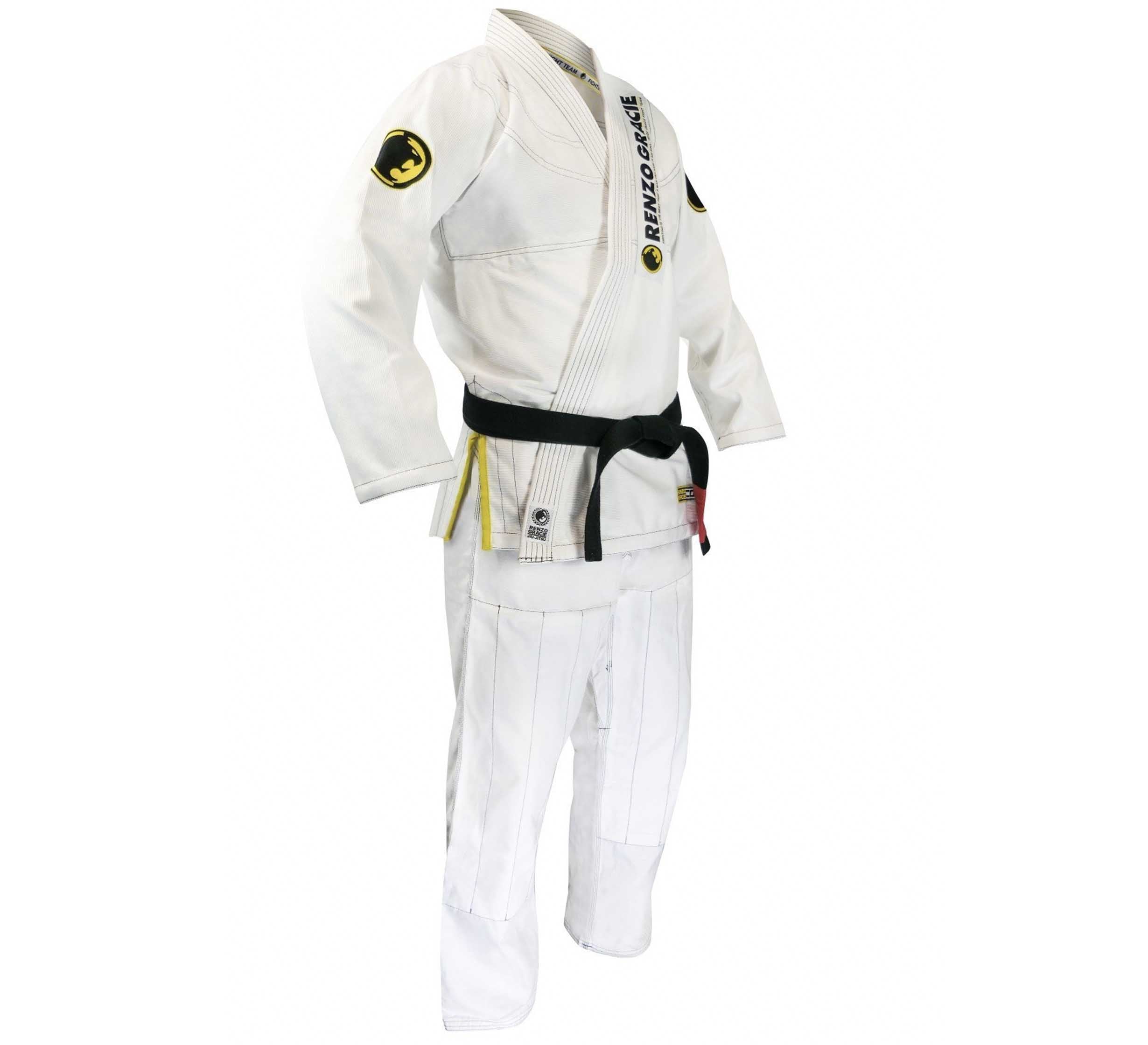 The Renzo Gracie Superlite Gi is a white Brazilian jiu-jitsu gi featuring black, yellow, and white patches with a black belt, displayed on an invisible mannequin against a white background.