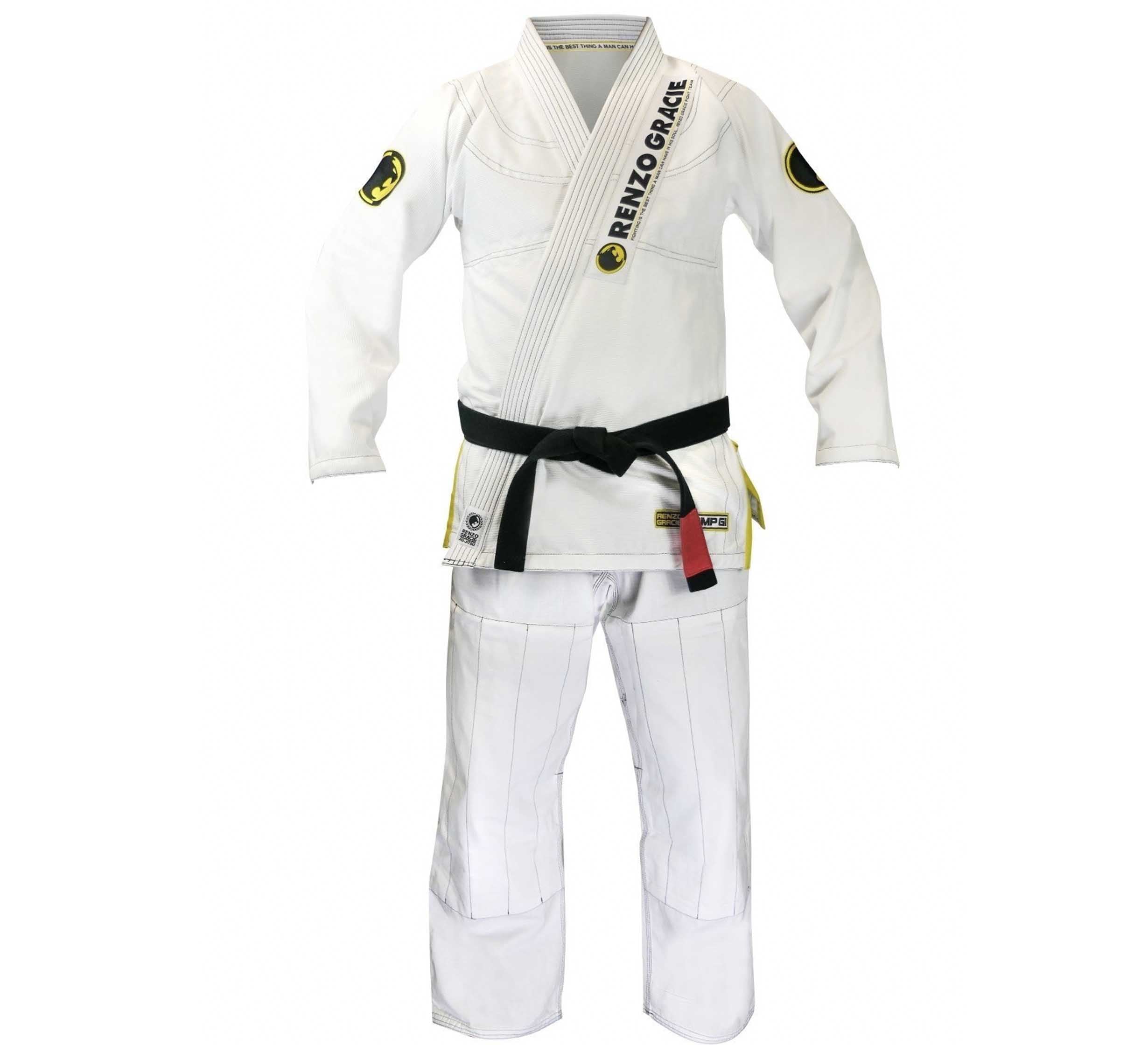 The Renzo Gracie Superlite Gi is a white Brazilian Jiu-Jitsu uniform with a black belt, yellow and black shoulder patches, and "Renzo Gracie" text on the left lapel, shown against a plain white background.