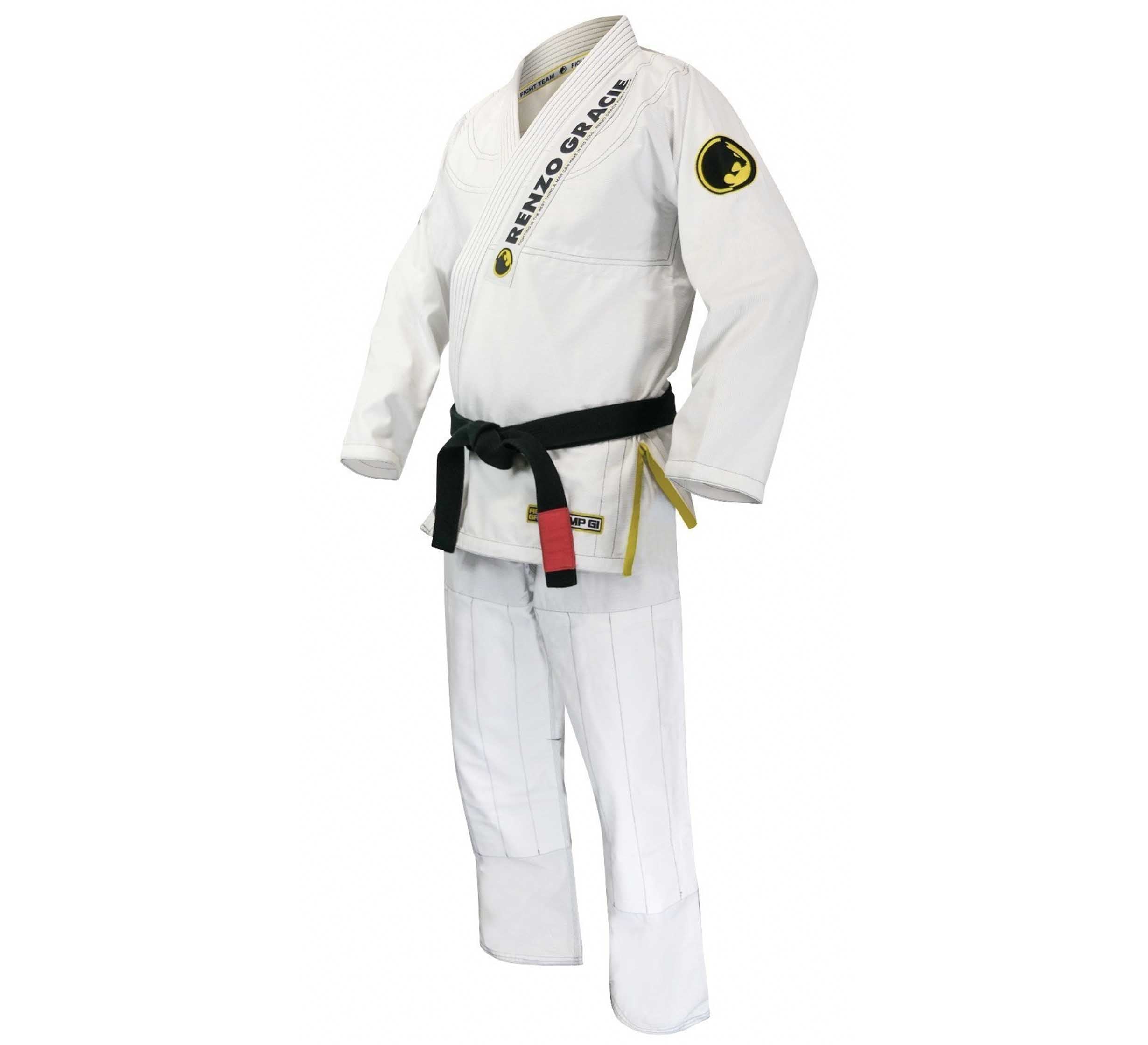 The Renzo Gracie Superlite Gi is a white Brazilian Jiu-Jitsu uniform with a black belt, featuring the Renzo Gracie logo on the chest and sleeve, displayed on a plain white background.