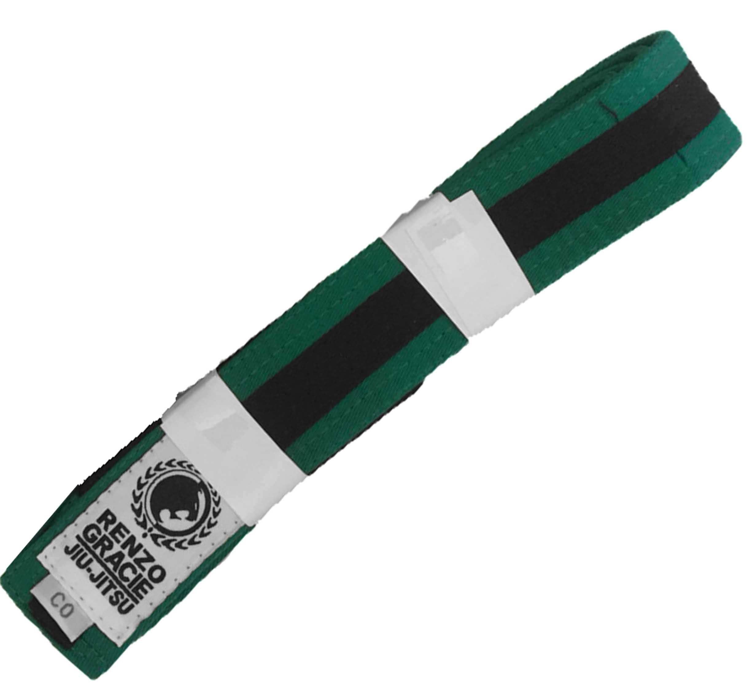 The Renzo Gracie Color Kids BJJ Belt in green with a black stripe is rolled up and secured with paper bands, one featuring the Renzo Gracie Jiu-Jitsu logo and text.
