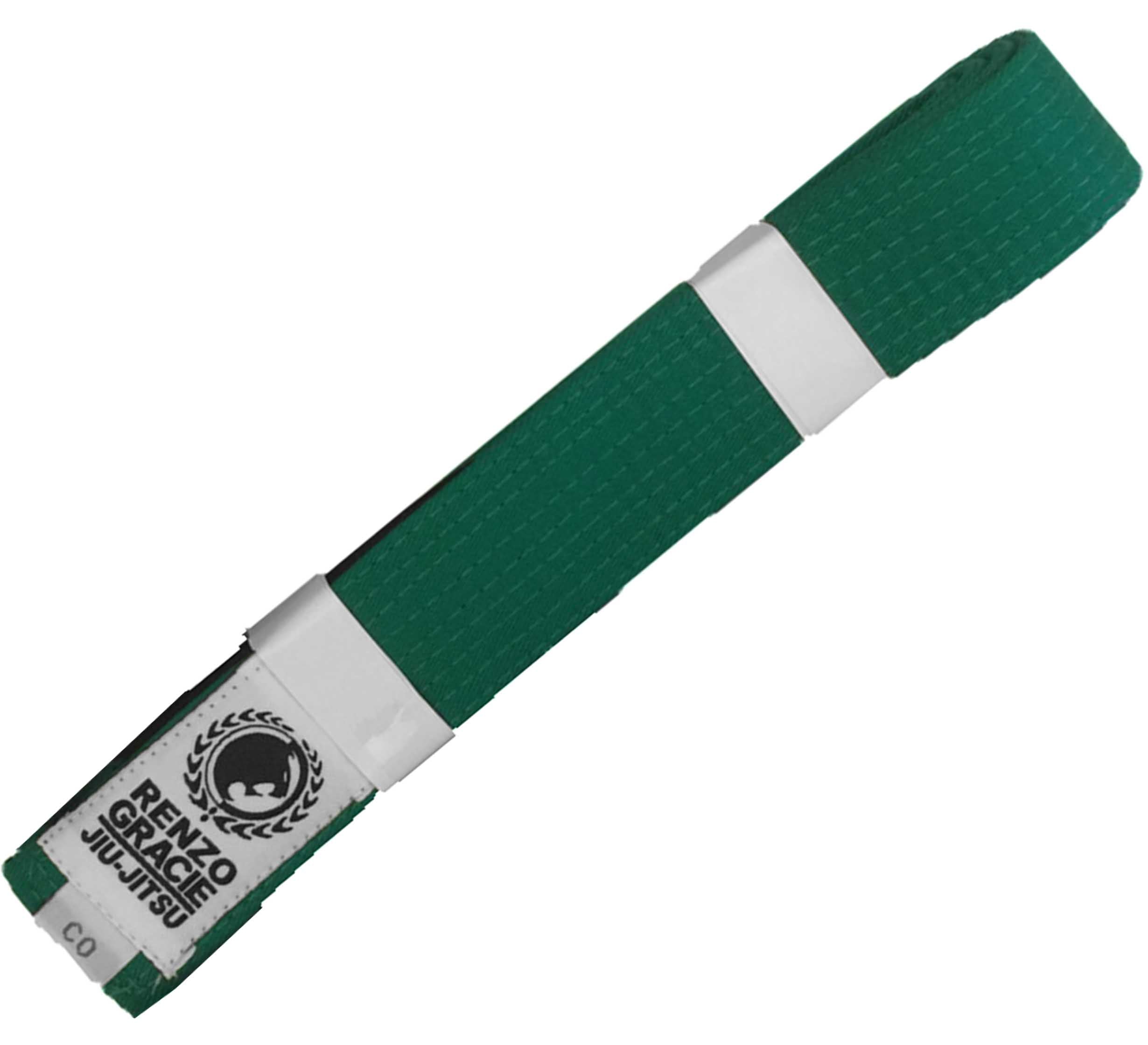 A neatly folded green Renzo Gracie Color Kids BJJ Belt, featuring a black-and-white logo and a label reading Renzo Gracie Jiu-Jitsu, secured with white paper bands.