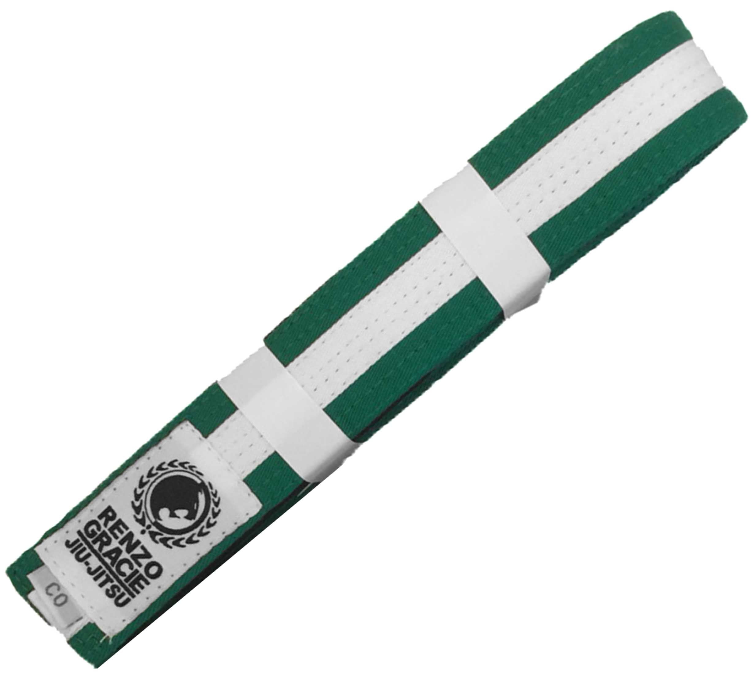 The Renzo Gracie Color Kids BJJ Belt is green and white, featuring the Renzo Gracie Jiu-Jitsu logo and text at the end. It is neatly folded and held together by two white bands.