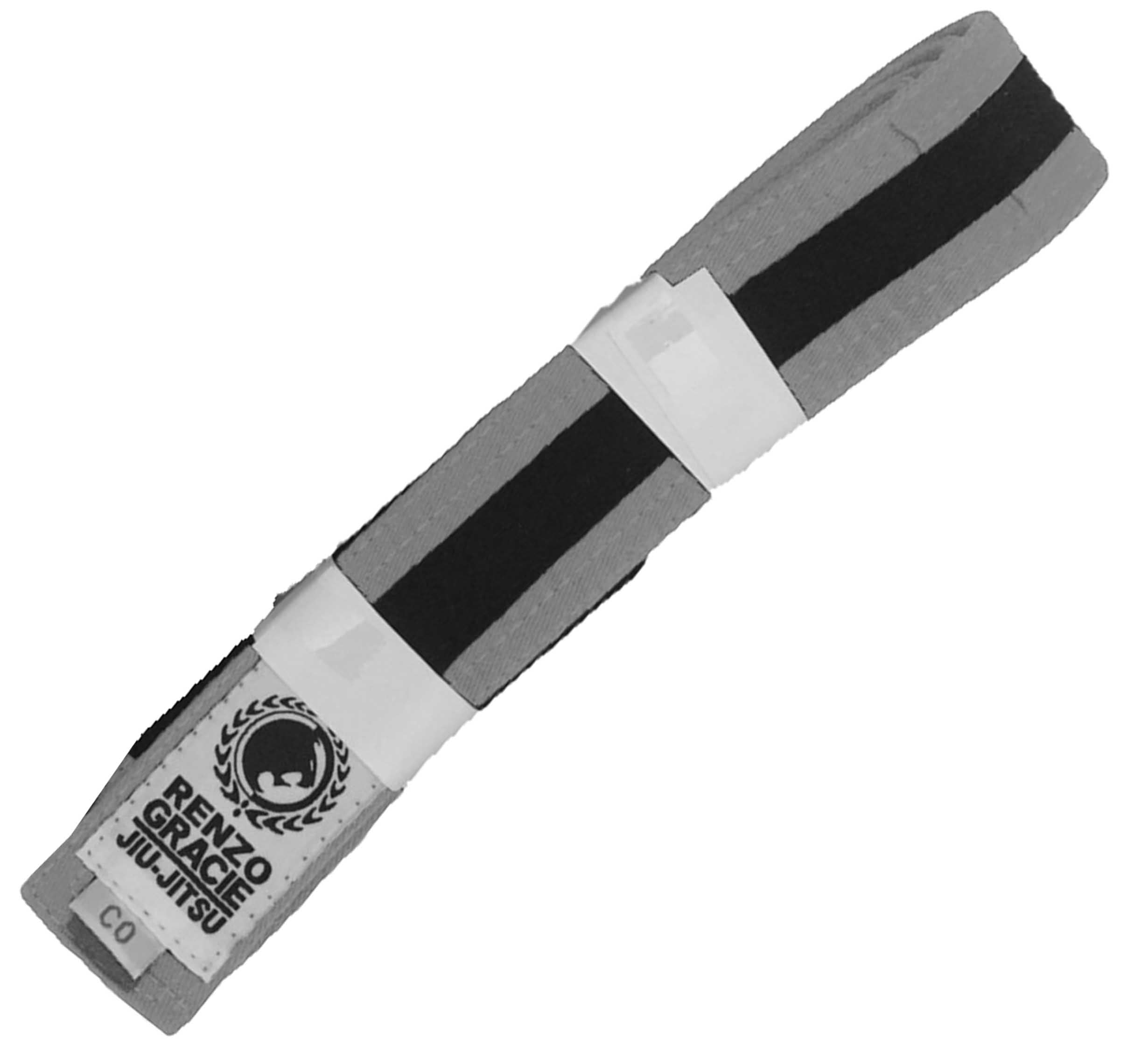 A Renzo Gracie Color Kids BJJ Belt in gray with a black stripe is folded and secured with white bands. The label reads "Renzo Gracie Jiu-Jitsu" and the size is C0.