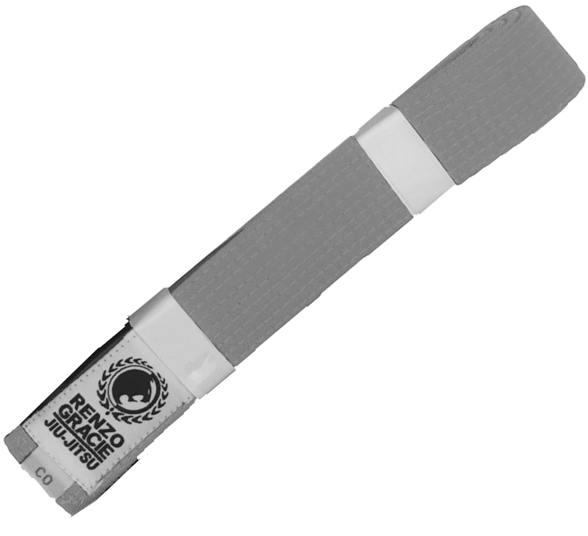 The Renzo Gracie Color Kids BJJ Belt is gray, neatly folded, secured with two white paper bands, and features a white label displaying the Renzo Gracie Jiu-Jitsu logo.