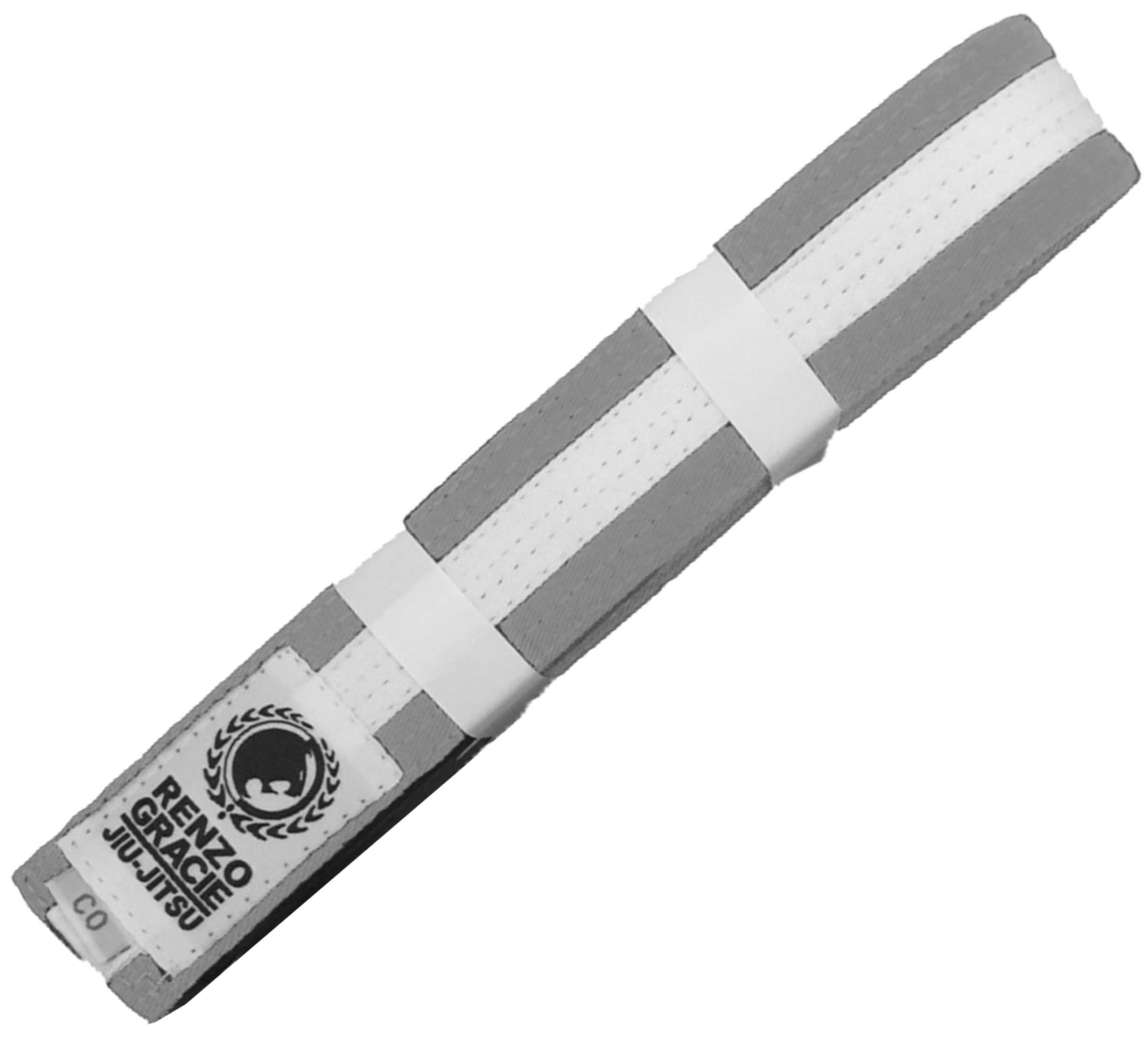A neatly folded Renzo Gracie Color Kids BJJ Belt in gray and white, featuring a patch with the academy logo and text on one end.