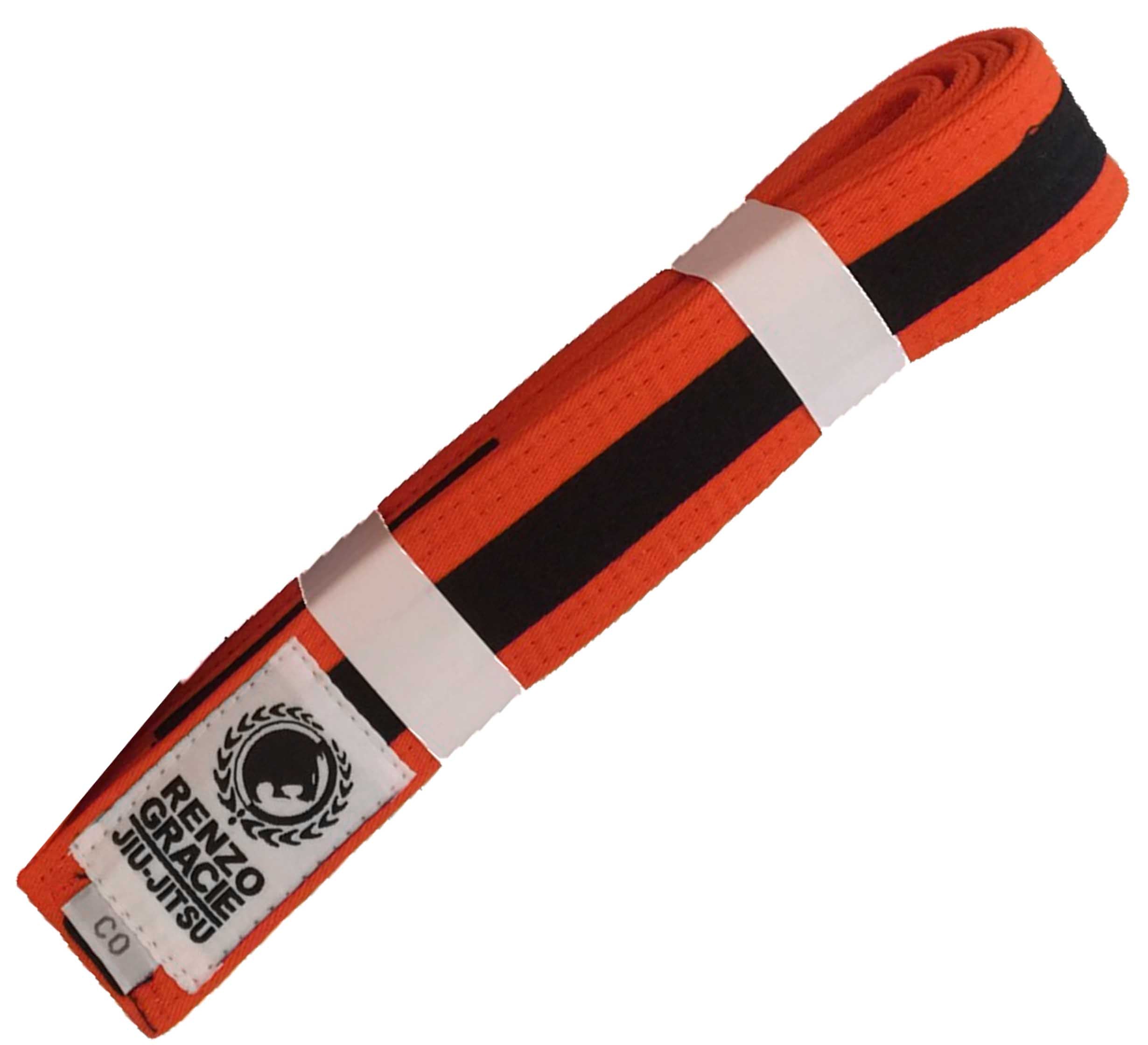 A Renzo Gracie Color Kids BJJ Belt in orange with a black stripe, featuring the Renzo Gracie Jiu-Jitsu label, neatly folded and secured with white bands.