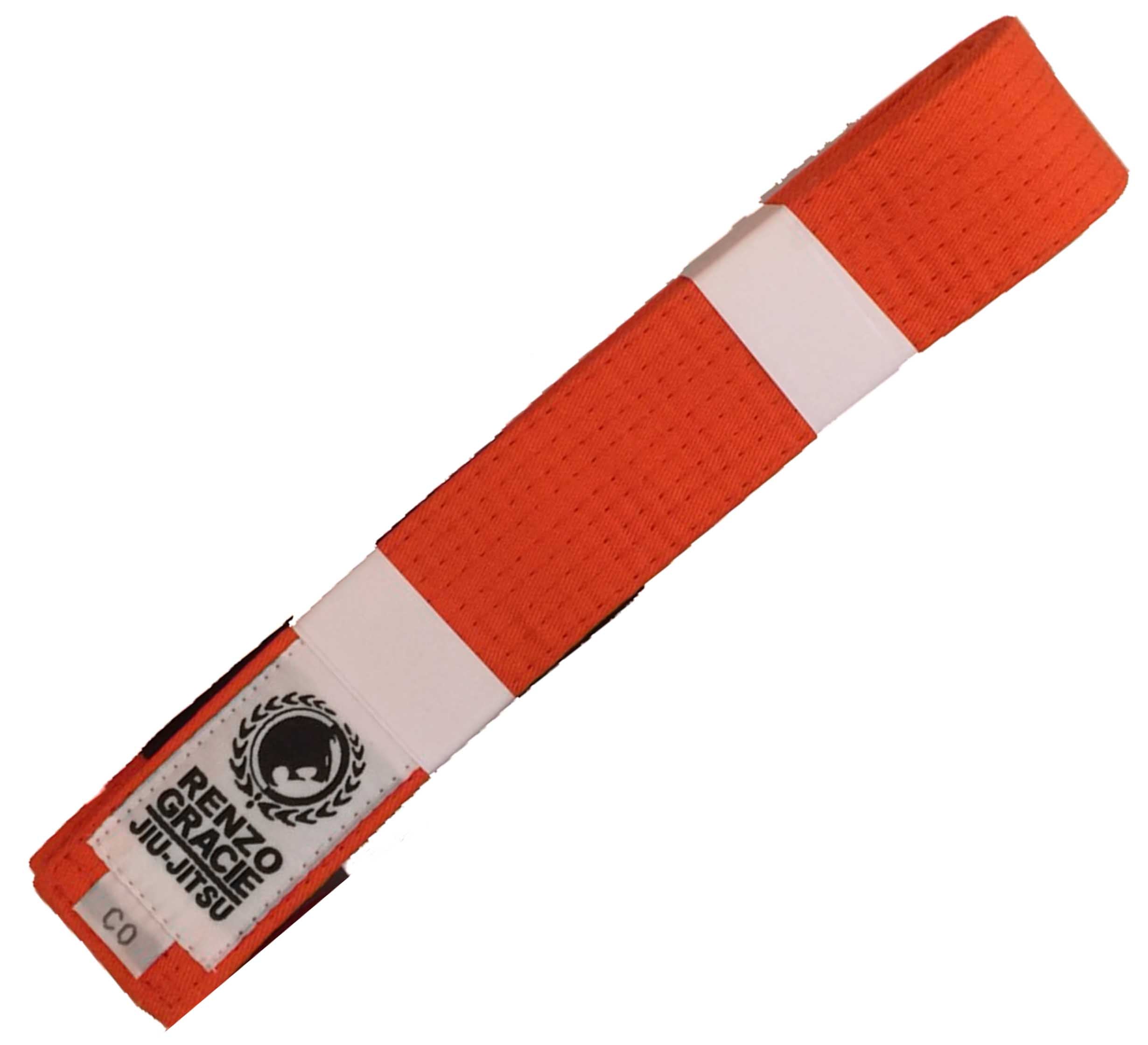 The Renzo Gracie Color Kids BJJ Belt is an orange martial arts belt featuring a white patch with the Renzo Gracie Jiu-Jitsu logo and text, plus two white stripes near the embroidered label. The belt is folded neatly.
