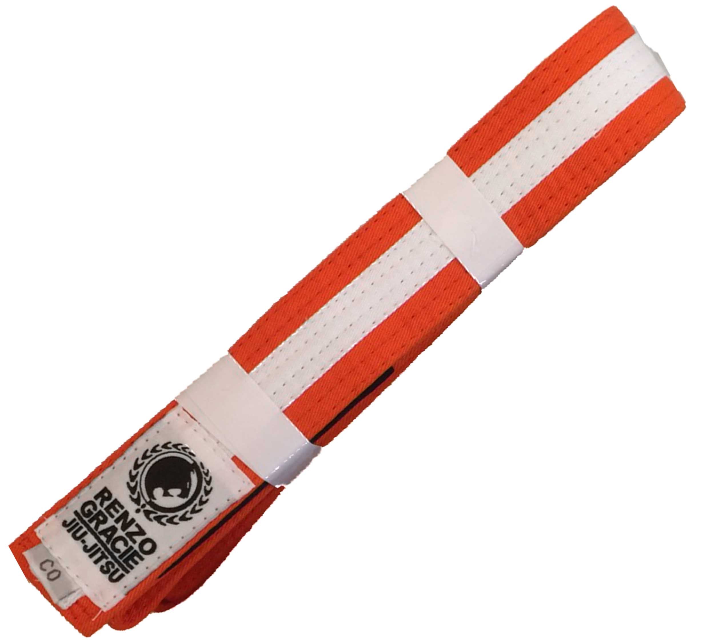 The Renzo Gracie Color Kids BJJ Belt, featuring orange and white stripes with a Renzo Gracie Jiu-Jitsu label, is shown neatly folded on a white background.