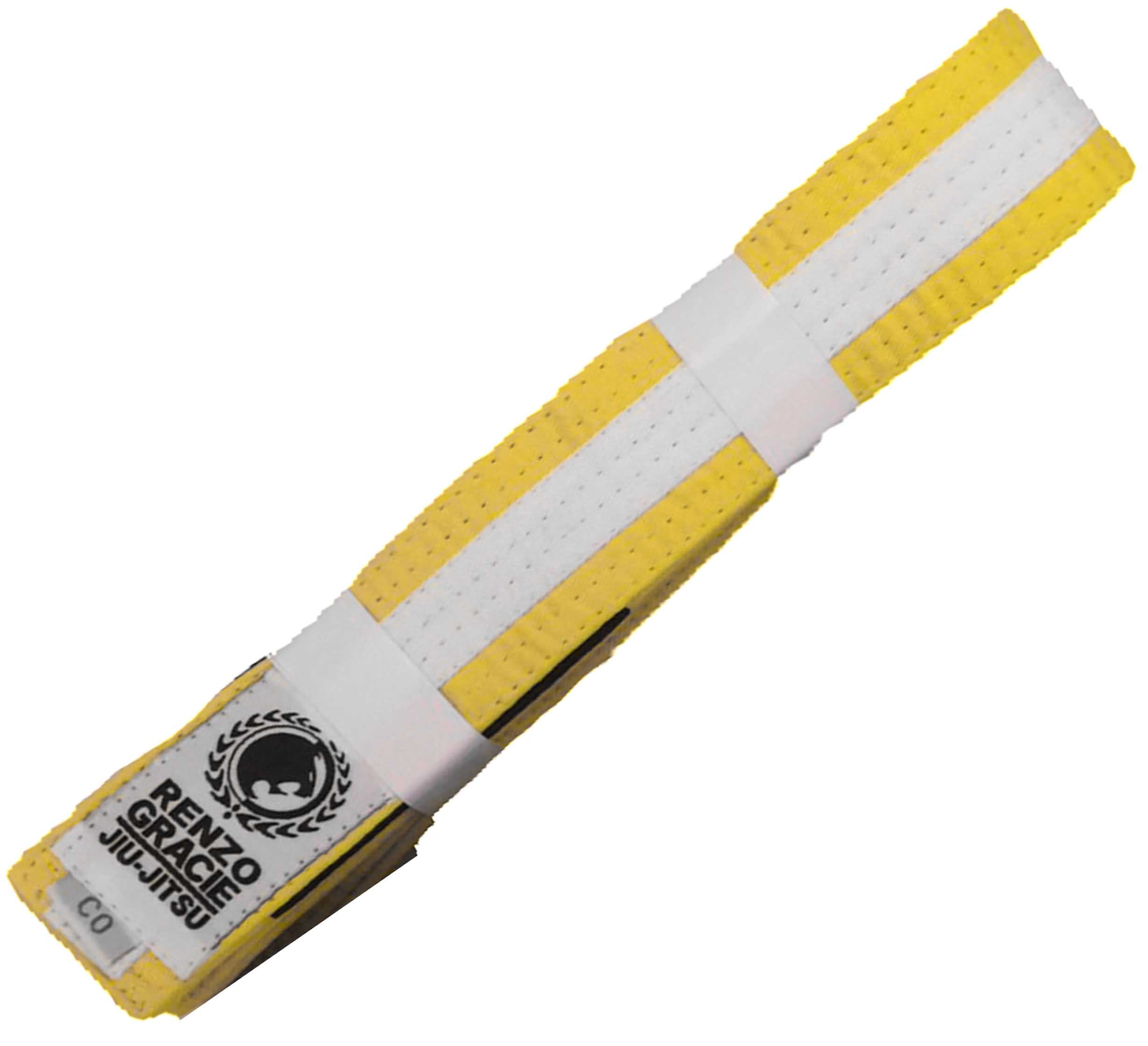 The Renzo Gracie Color Kids BJJ Belt features yellow and white stripes, a logo patch on one end, and comes folded with a white paper band.