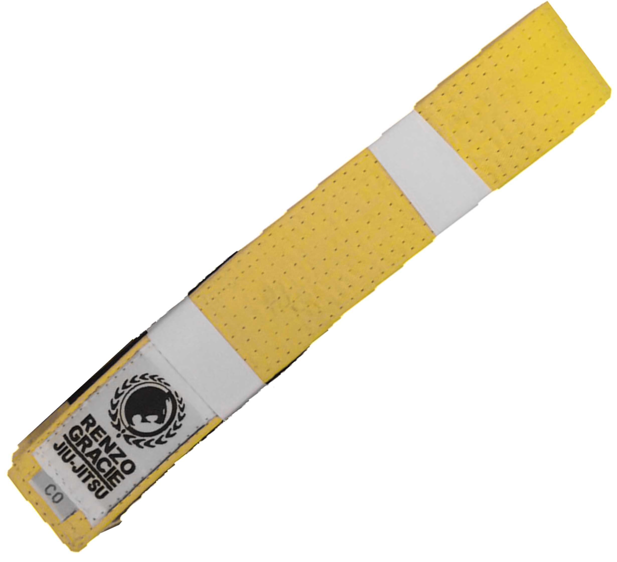 The Renzo Gracie Color Kids BJJ Belt is a yellow belt with a black bar and a patch showing "Renzo Gracie Jiu-Jitsu" in black text beside a laurel wreath and logo.