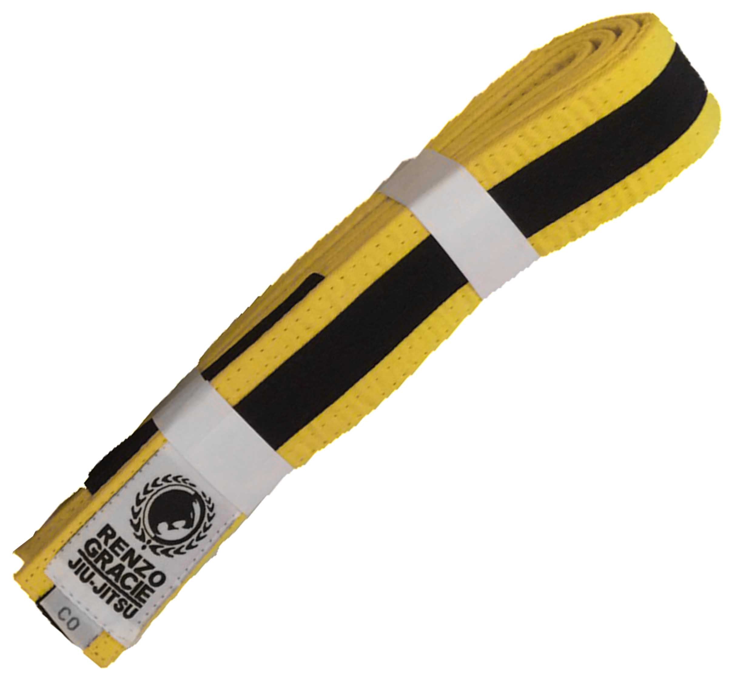 A folded Renzo Gracie Color Kids BJJ Belt, yellow with a black center stripe and label, secured by two white paper bands.