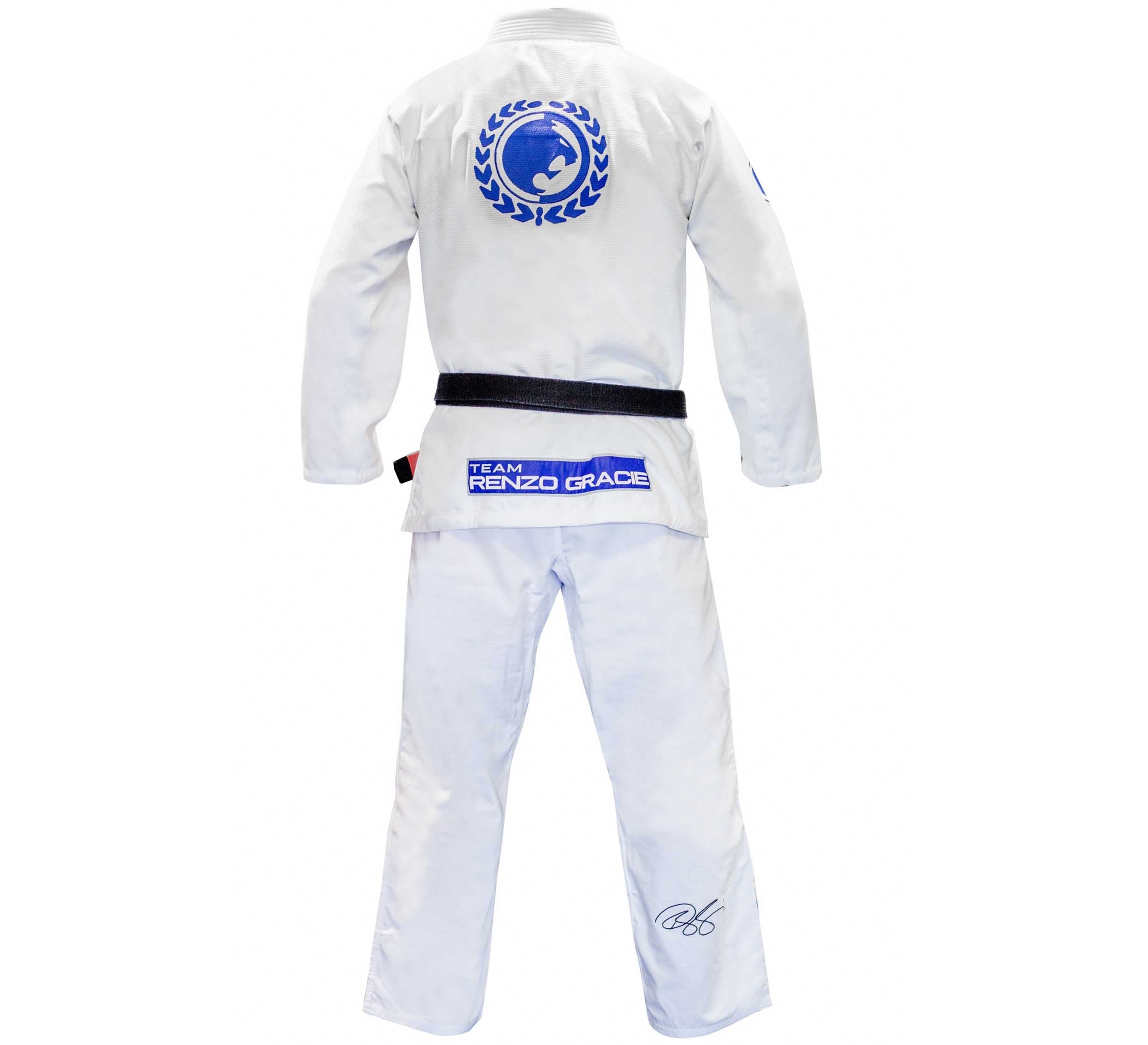 The Renzo Gracie Standard Kids Gi is a white Brazilian Jiu-Jitsu uniform with blue logos, black belt, and "Team Renzo Gracie" text on the back. Laurel wreath and signature details are also featured.