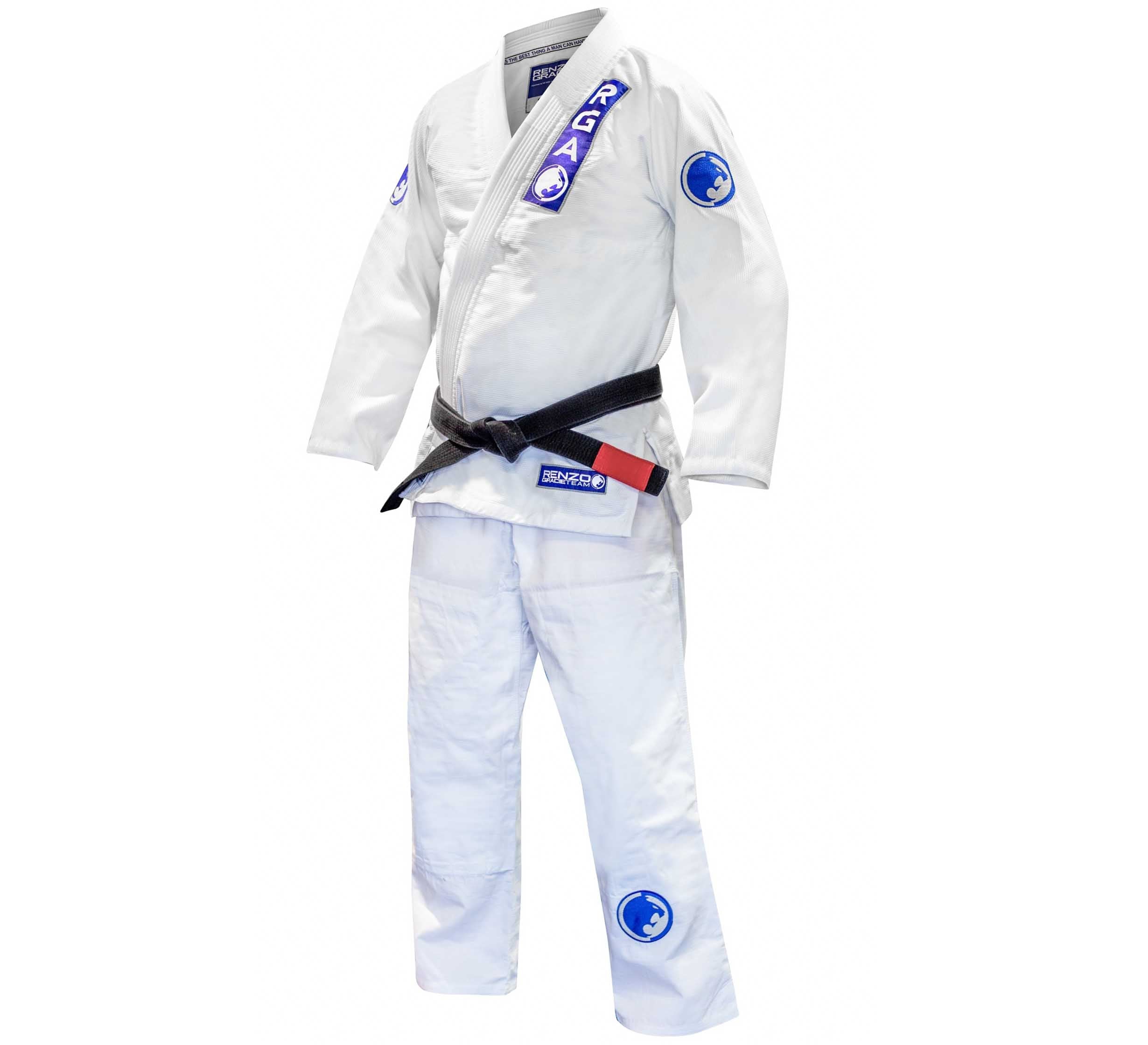 The Renzo Gracie Standard Kids Gi is a white Brazilian jiu-jitsu uniform with blue “RGA” and logo patches on the chest, shoulder, and pant leg. Shown with a black belt on a plain white background.