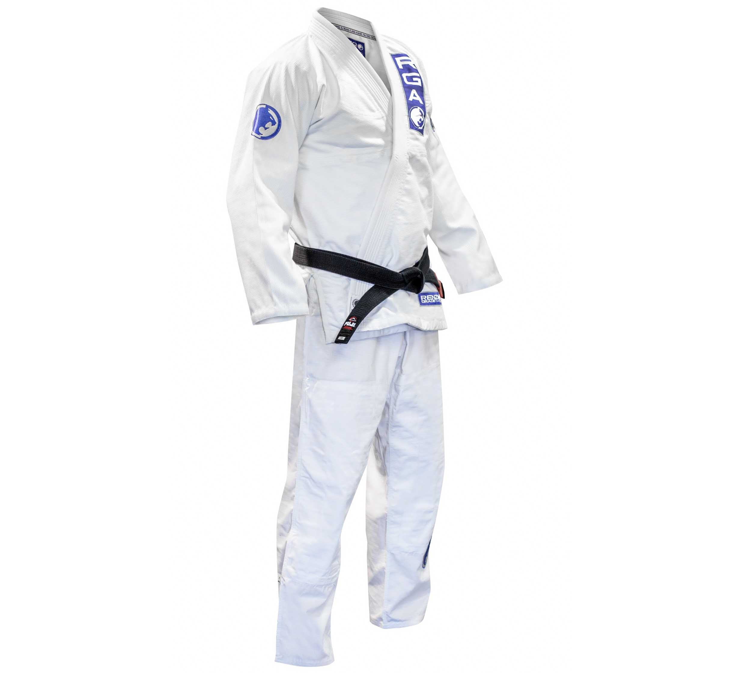 The Renzo Gracie Standard Kids Gi is a white Brazilian Jiu-Jitsu uniform with blue patches and logos on the chest and sleeves, paired with a black belt, displayed against a plain white background.
