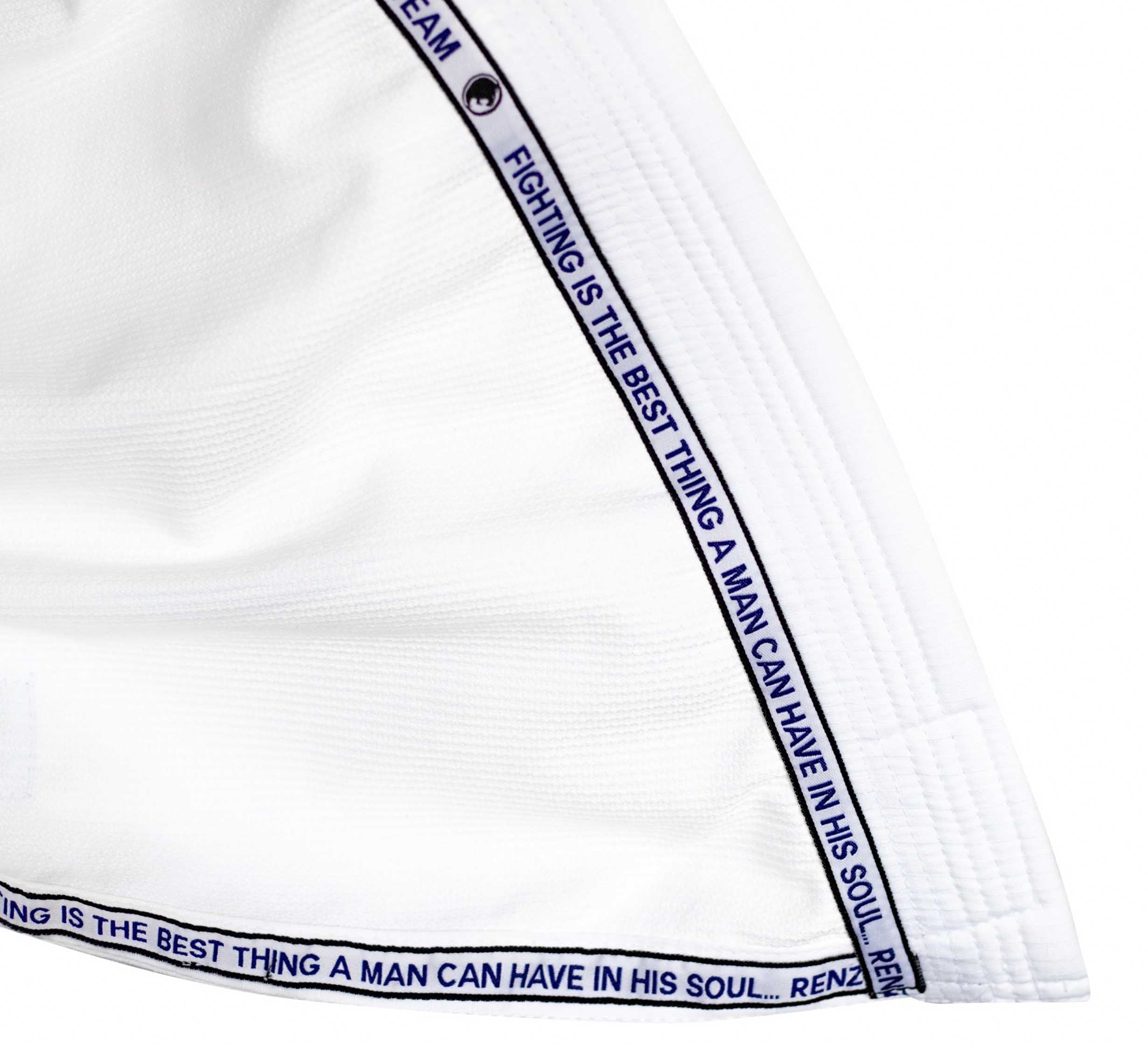 Close-up of the Renzo Gracie Standard Kids Gi, a white martial arts uniform with "FIGHTING IS THE BEST THING A MAN CAN HAVE IN HIS SOUL" printed in blue along the inner seam.