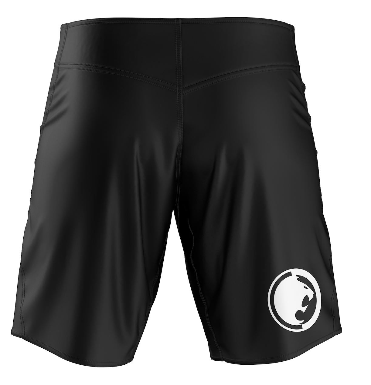 The Renzo Gracie Limited Edition Renzo Knows Fight Shorts in blue/black are shown from the back, with smooth fabric, visible waistband stitching, and a white circular dragon logo on the lower left leg.