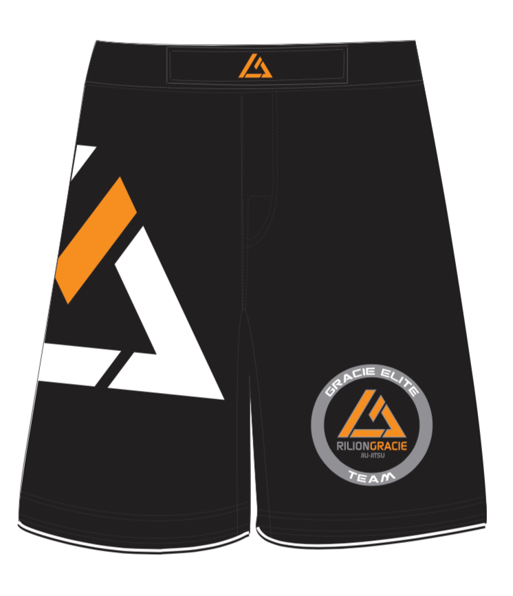 Rilion Gracie Black Comp Team Shorts feature an abstract orange and white triangle logo on the left, a matching logo on the waistband, and a “Gracie Elite Team” patch on the lower right leg.